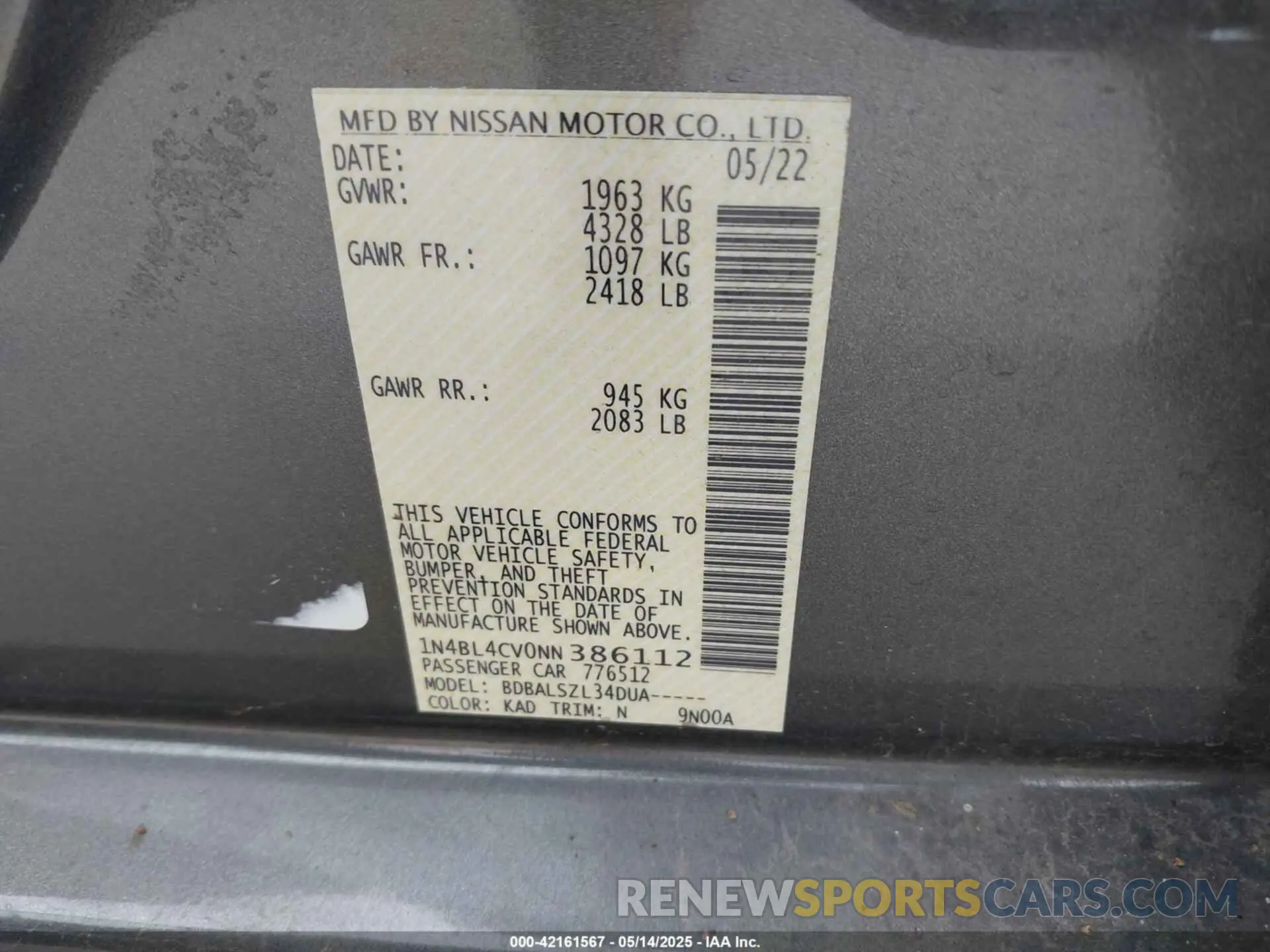9 Photograph of a damaged car 1N4BL4CV0NN386112 NISSAN ALTIMA 2022