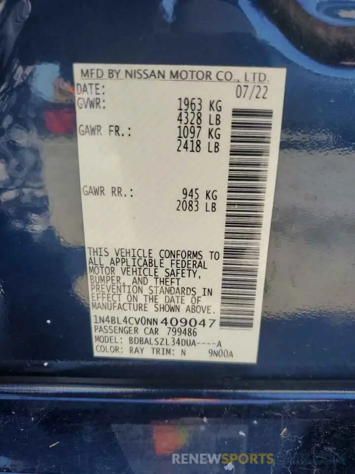 12 Photograph of a damaged car 1N4BL4CV0NN409047 NISSAN ALTIMA 2022
