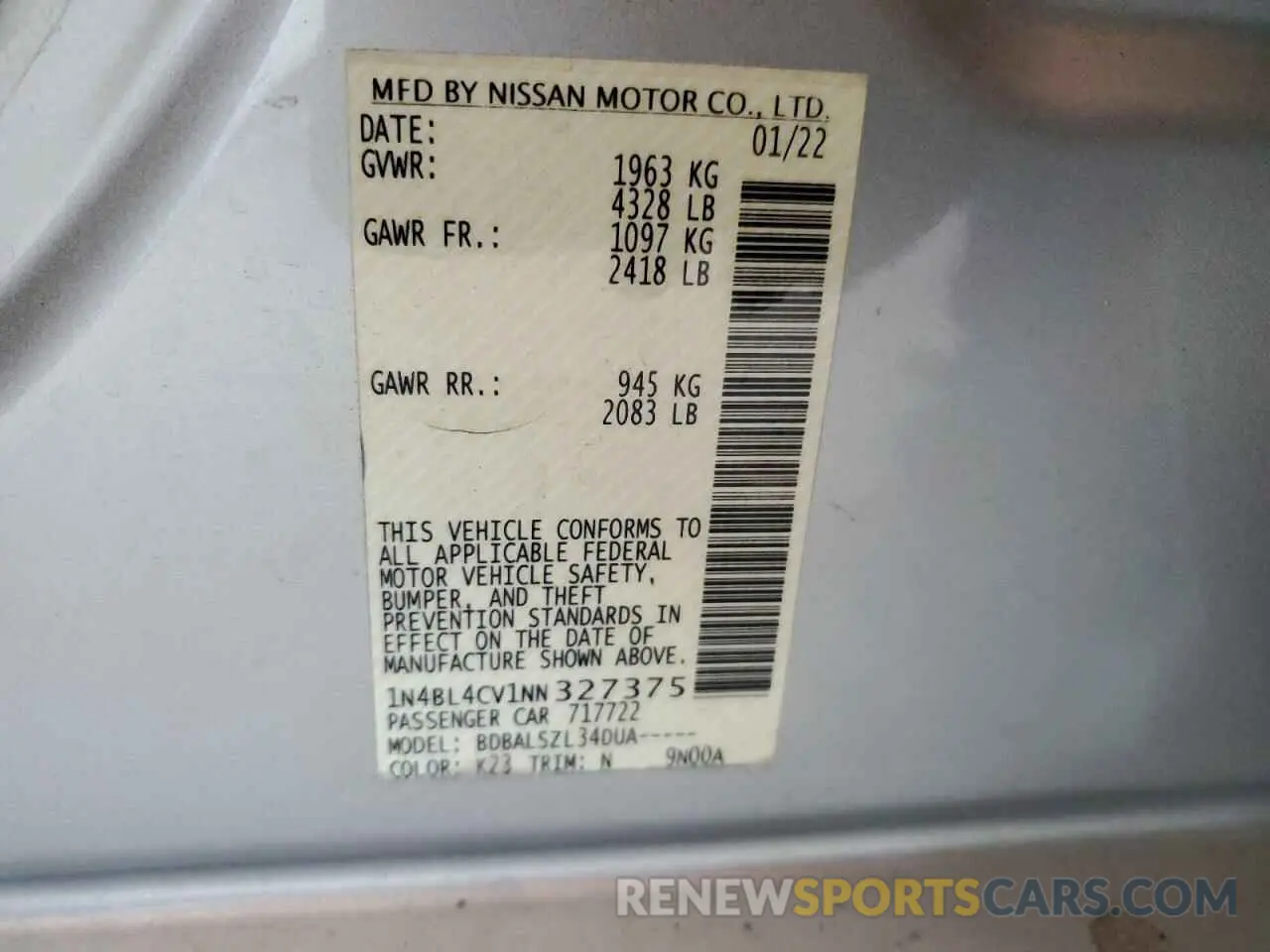 12 Photograph of a damaged car 1N4BL4CV1NN327375 NISSAN ALTIMA 2022