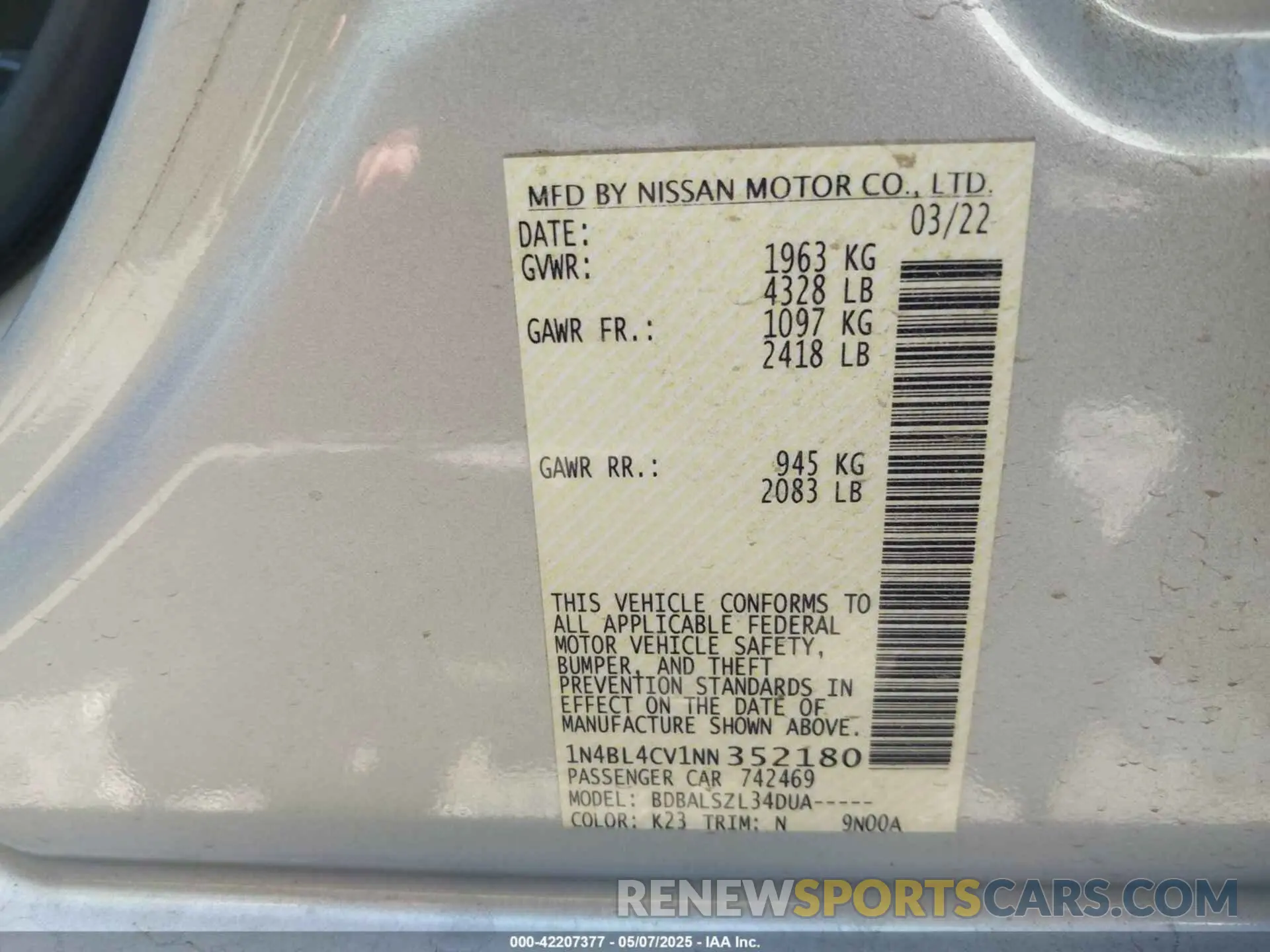 9 Photograph of a damaged car 1N4BL4CV1NN352180 NISSAN ALTIMA 2022