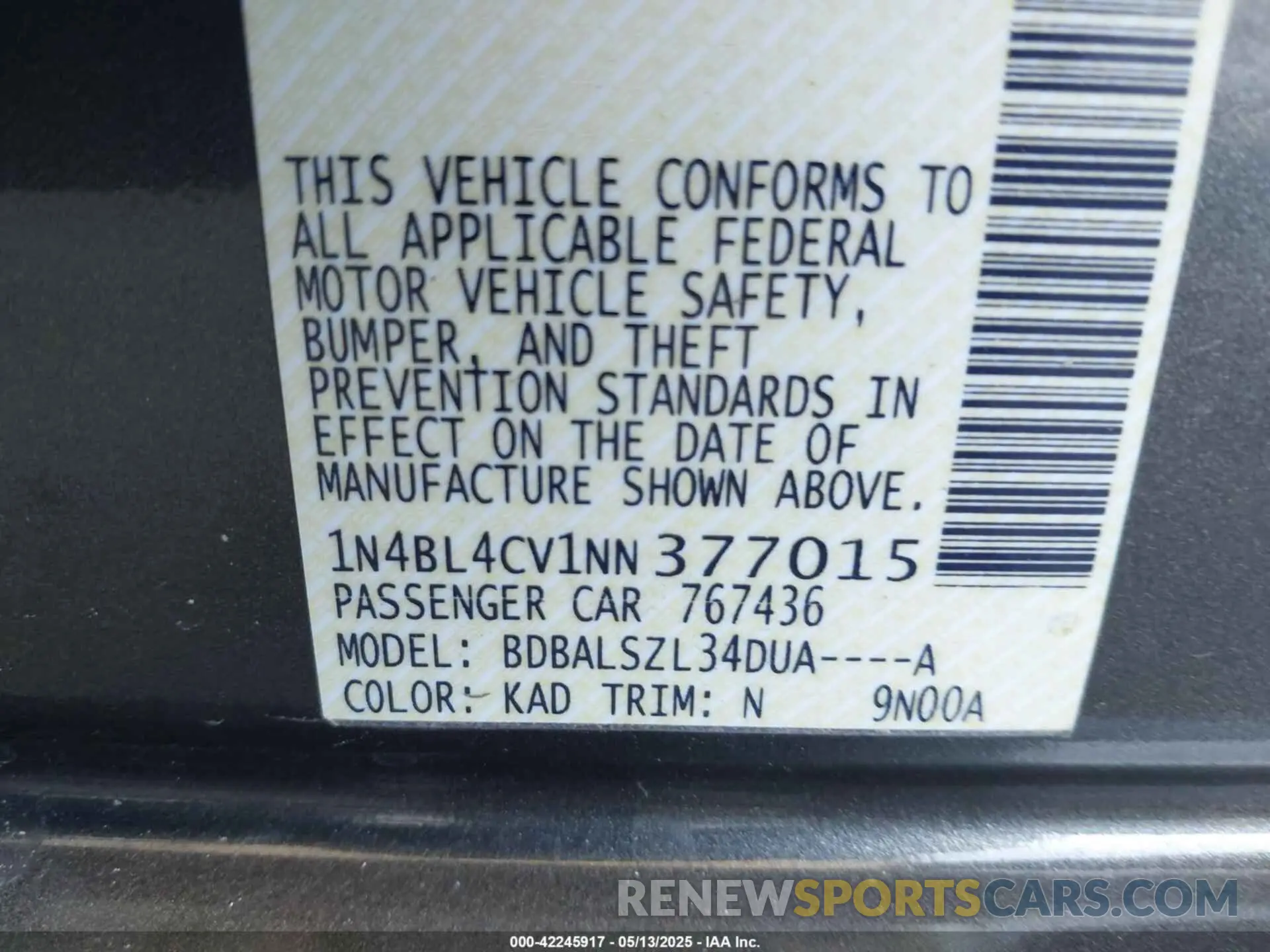 9 Photograph of a damaged car 1N4BL4CV1NN377015 NISSAN ALTIMA 2022