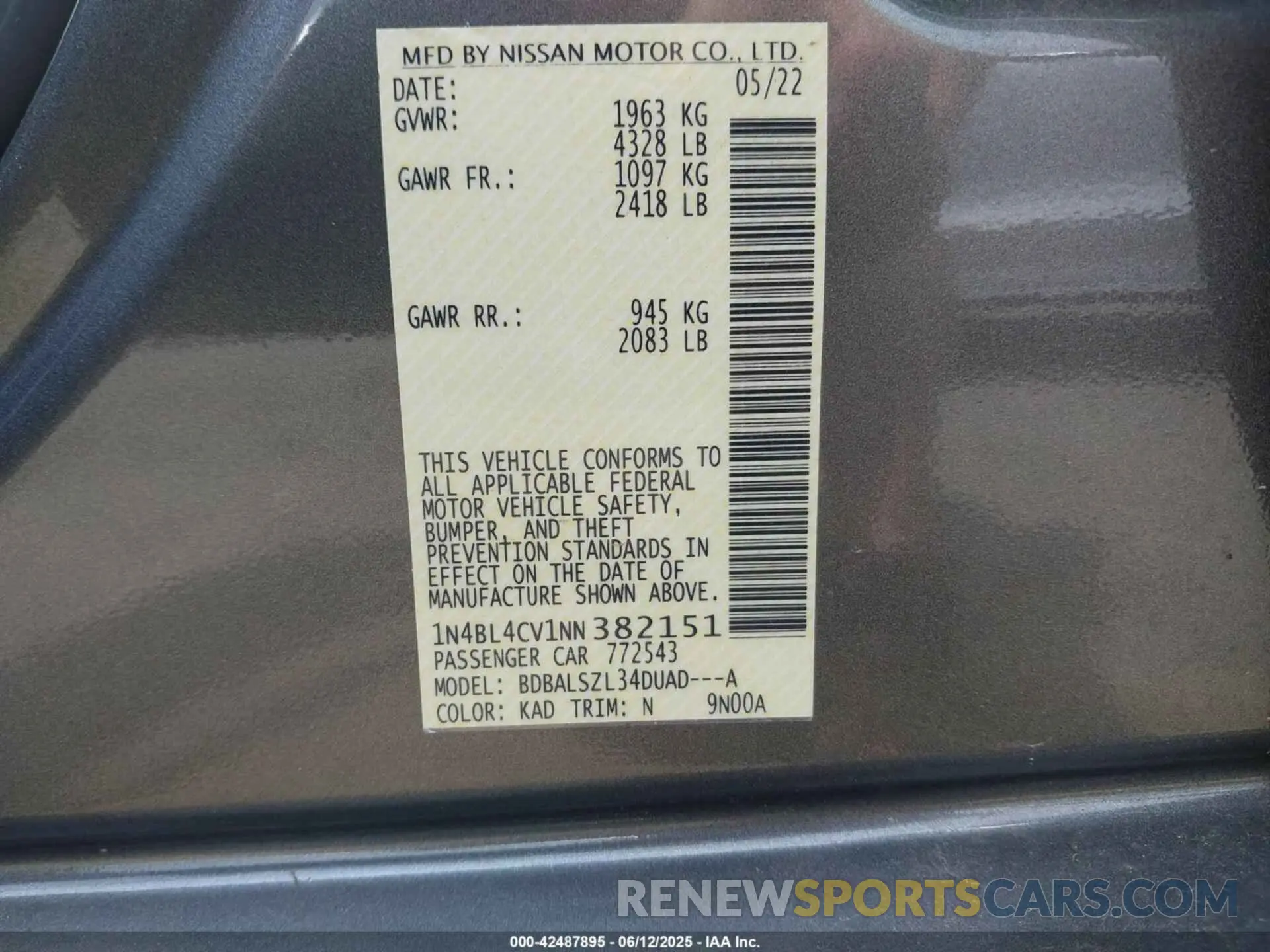 9 Photograph of a damaged car 1N4BL4CV1NN382151 NISSAN ALTIMA 2022