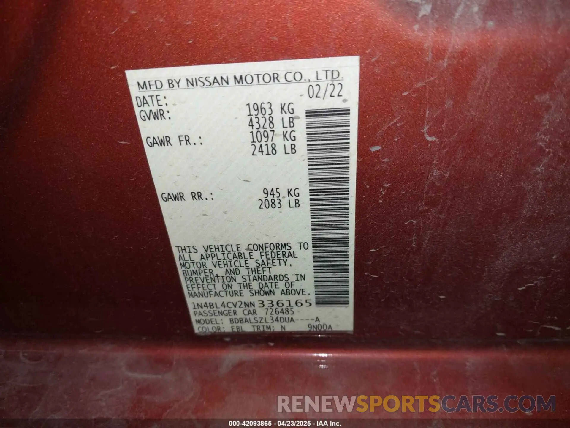 9 Photograph of a damaged car 1N4BL4CV2NN336165 NISSAN ALTIMA 2022