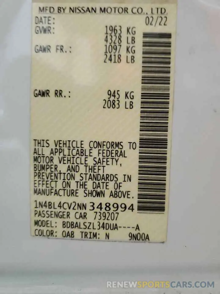 12 Photograph of a damaged car 1N4BL4CV2NN348994 NISSAN ALTIMA 2022