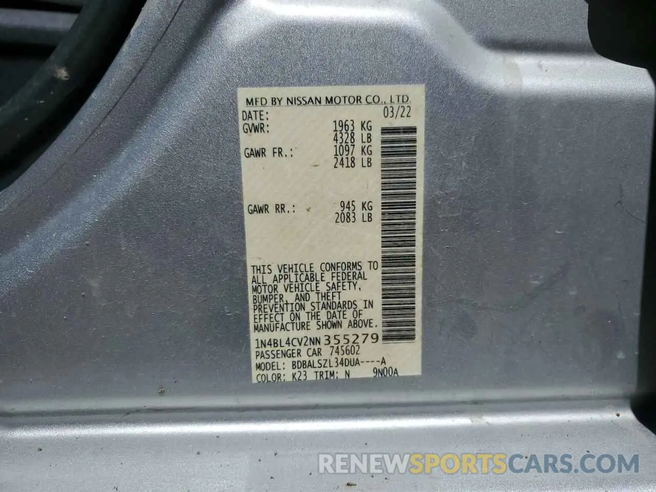 12 Photograph of a damaged car 1N4BL4CV2NN355279 NISSAN ALTIMA 2022