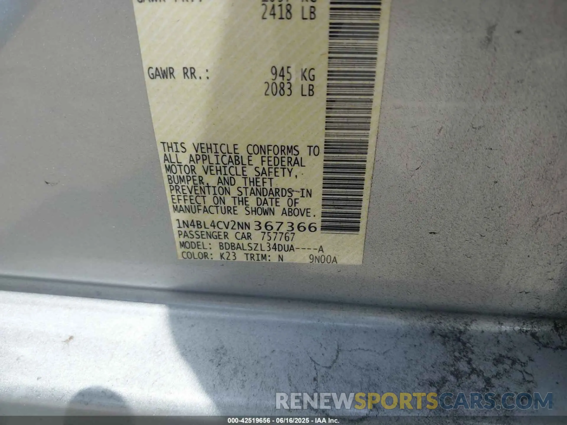9 Photograph of a damaged car 1N4BL4CV2NN367366 NISSAN ALTIMA 2022