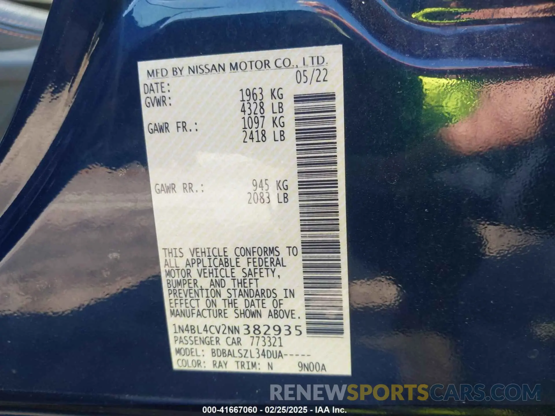 9 Photograph of a damaged car 1N4BL4CV2NN382935 NISSAN ALTIMA 2022