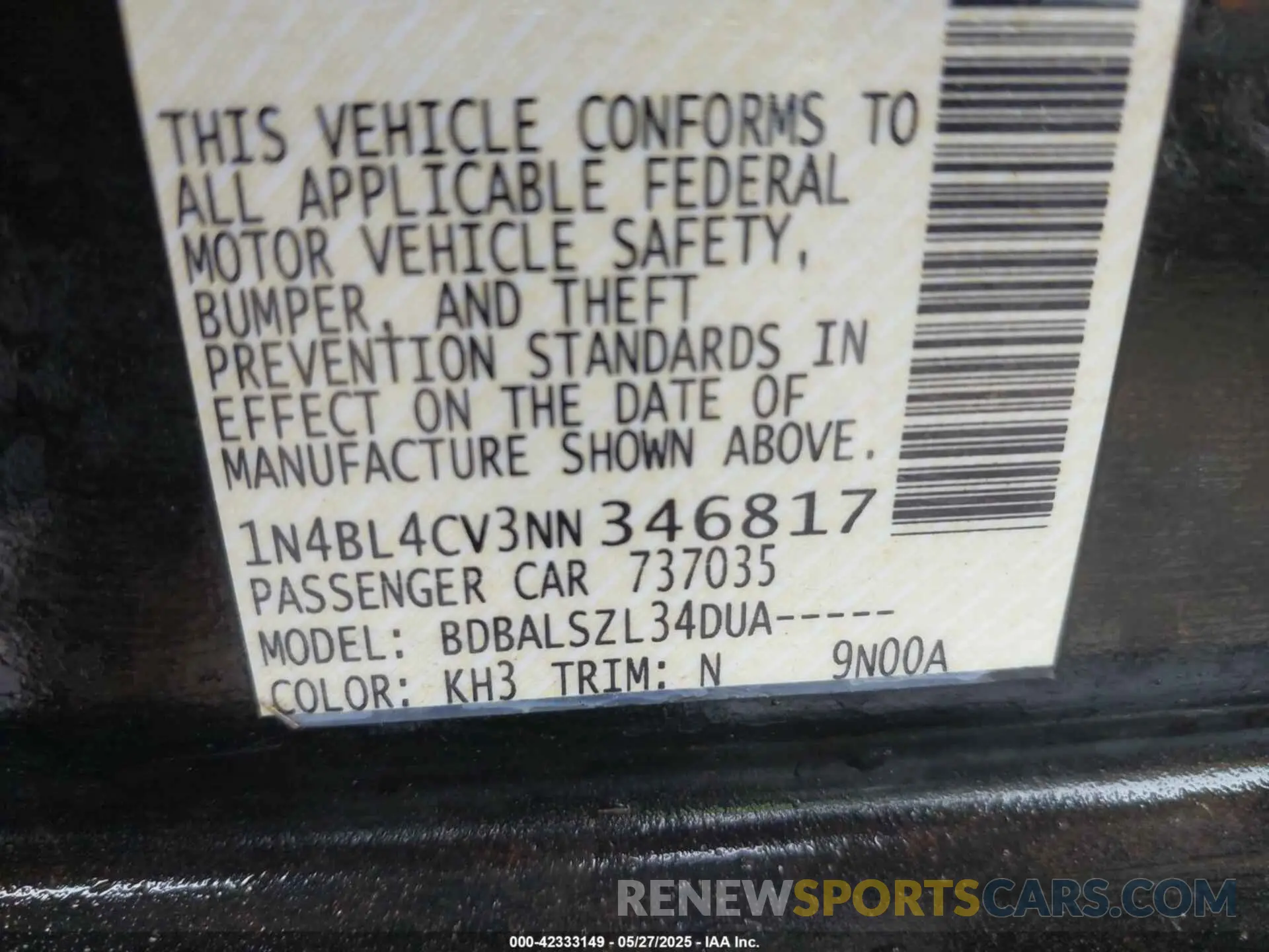 9 Photograph of a damaged car 1N4BL4CV3NN346817 NISSAN ALTIMA 2022