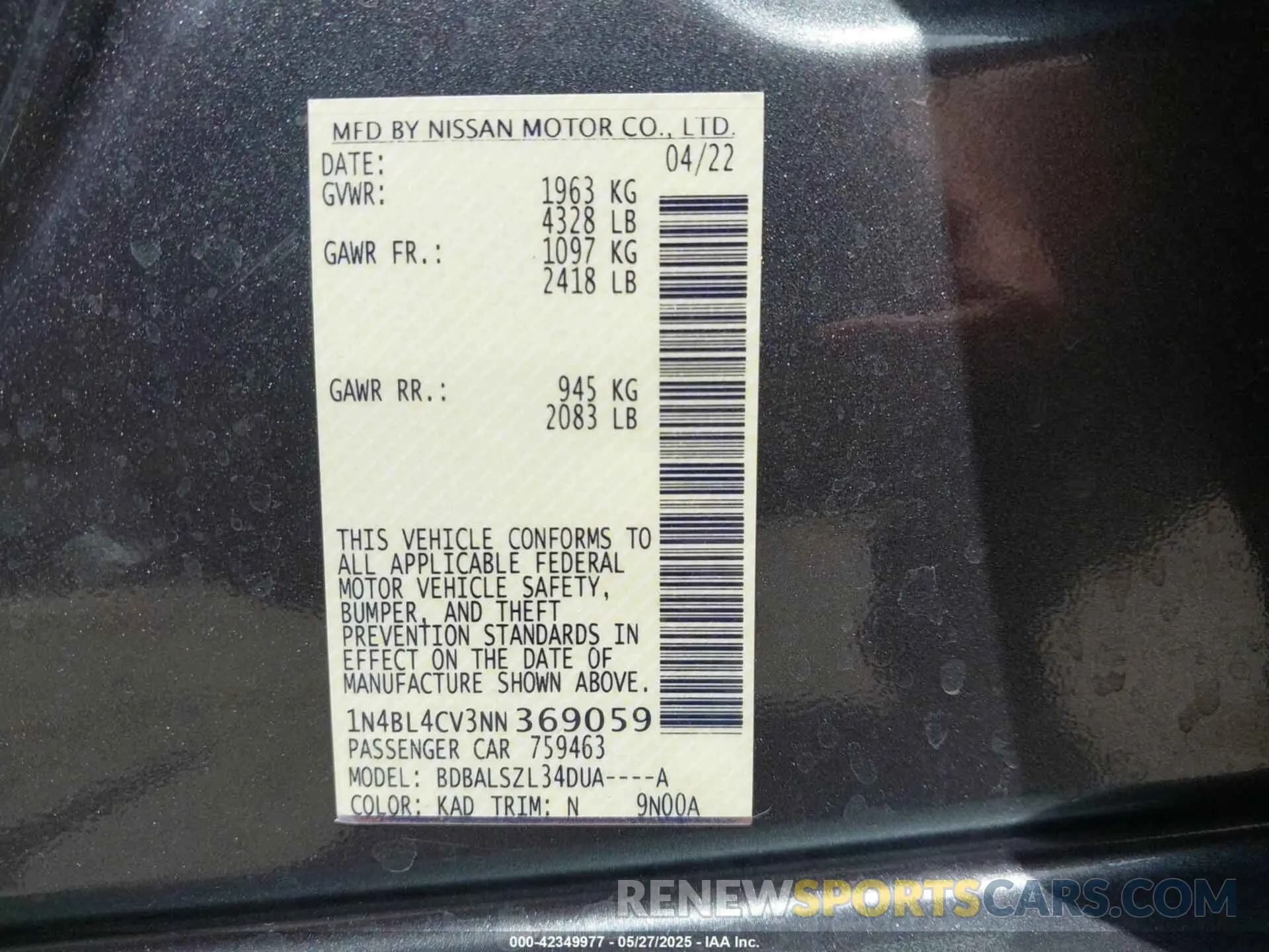 9 Photograph of a damaged car 1N4BL4CV3NN369059 NISSAN ALTIMA 2022