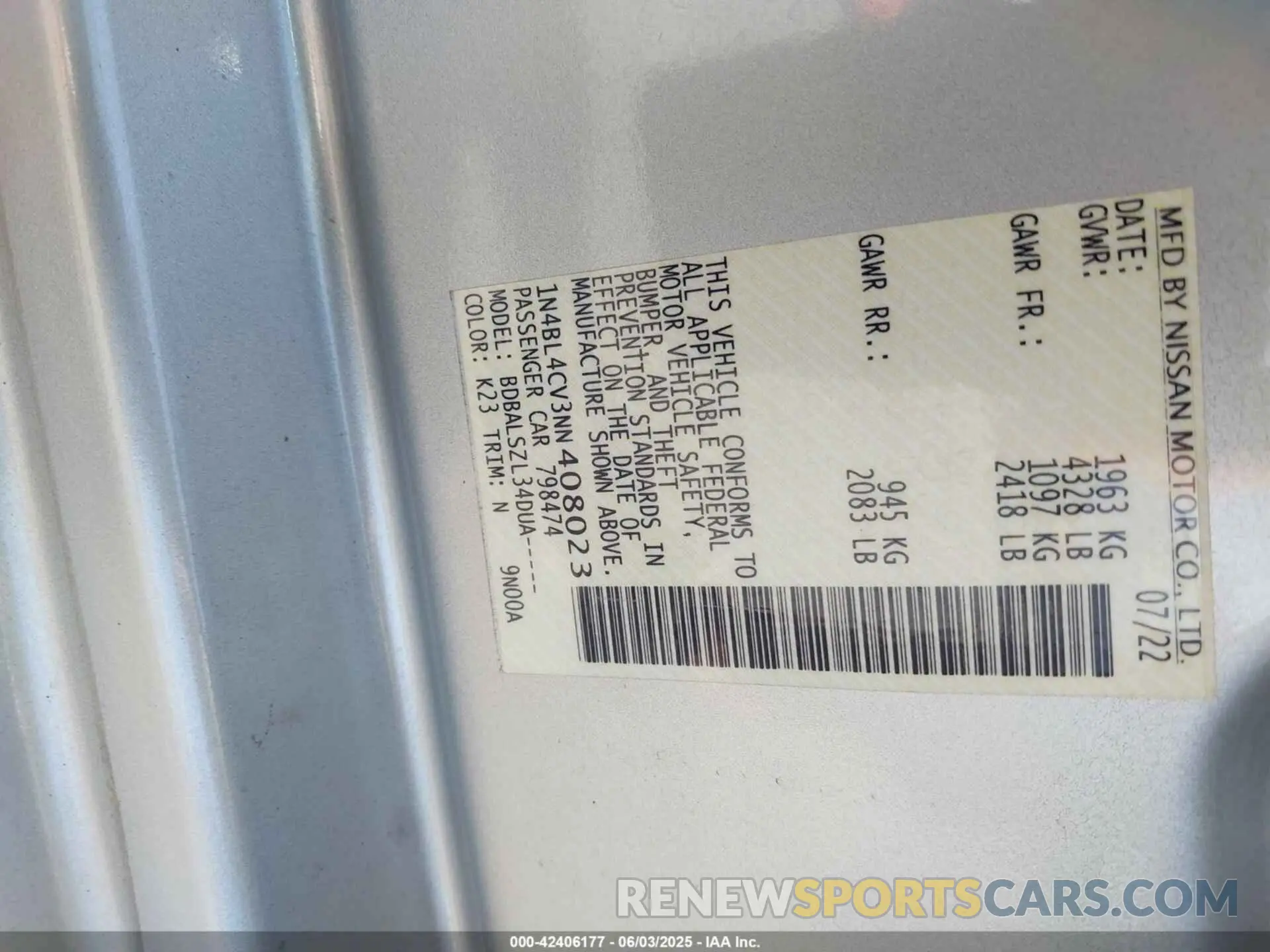 9 Photograph of a damaged car 1N4BL4CV3NN408023 NISSAN ALTIMA 2022