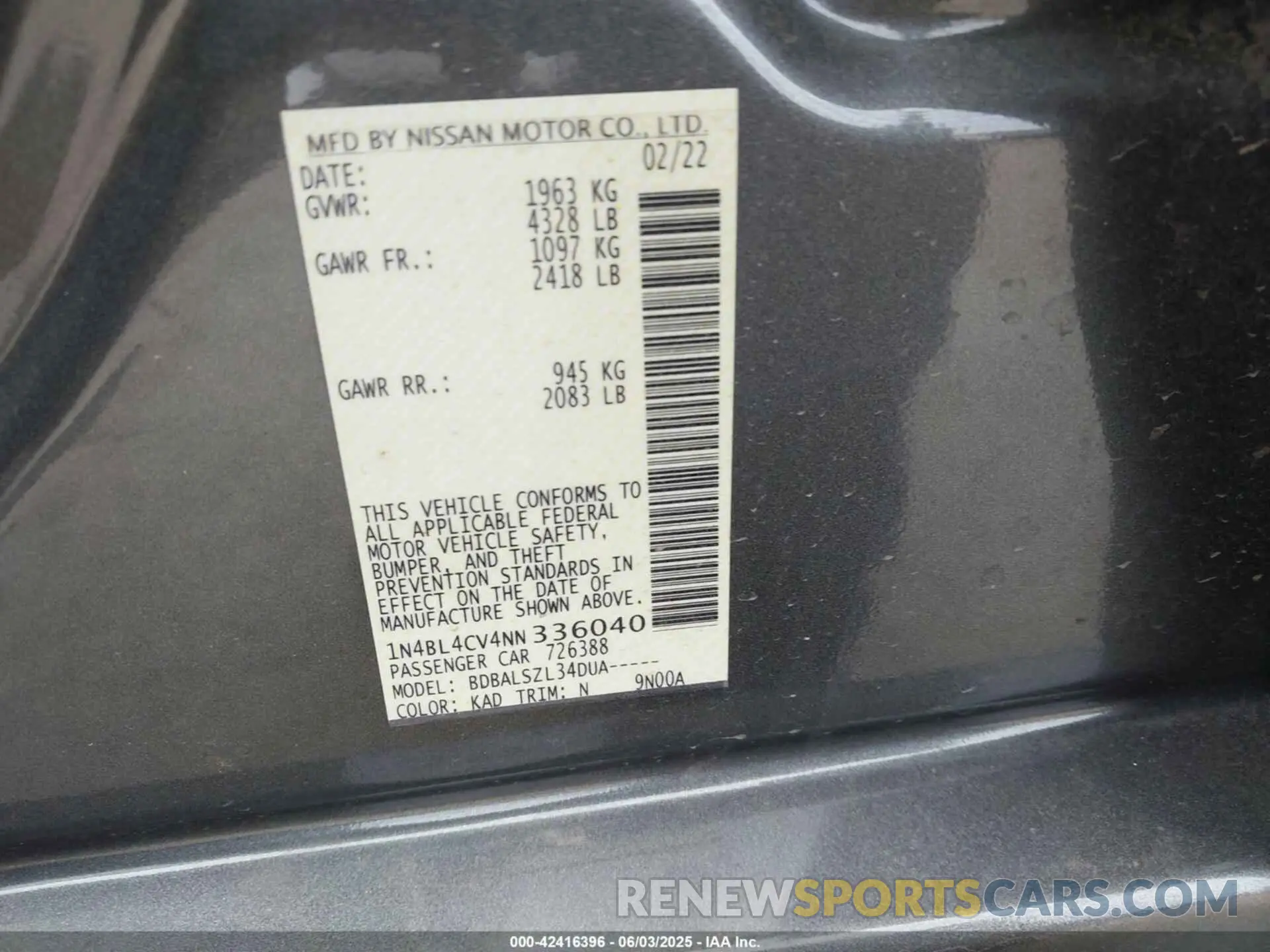 9 Photograph of a damaged car 1N4BL4CV4NN336040 NISSAN ALTIMA 2022