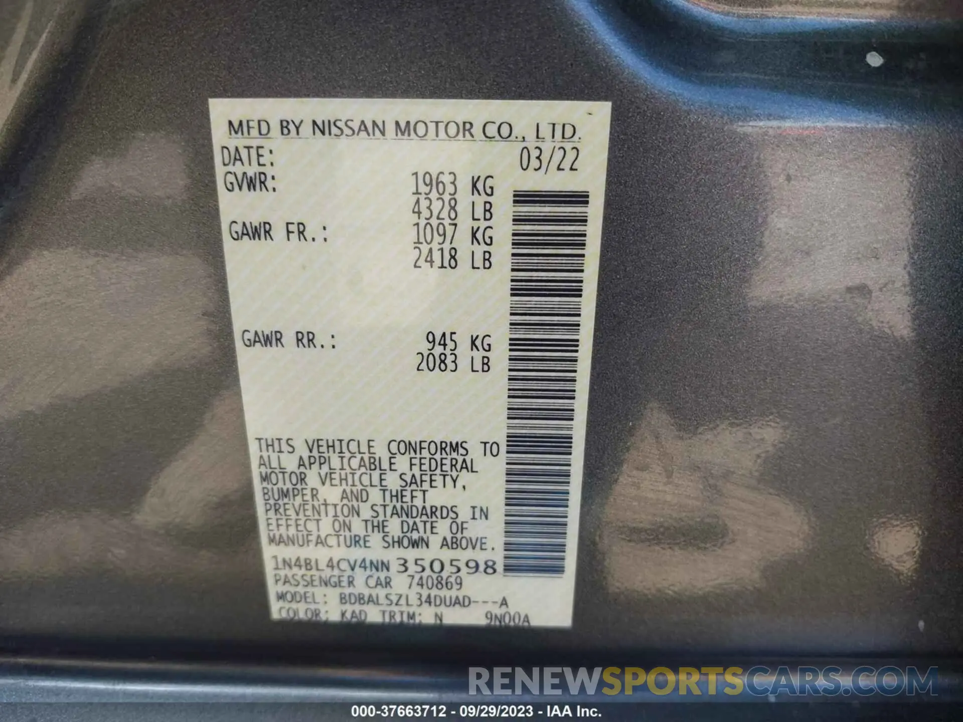 9 Photograph of a damaged car 1N4BL4CV4NN350598 NISSAN ALTIMA 2022