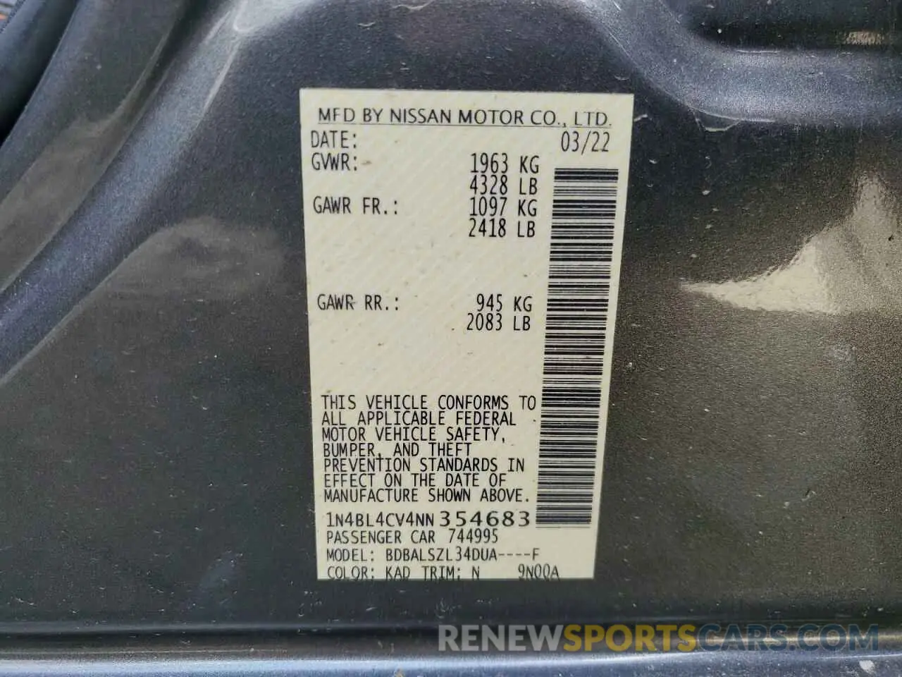 12 Photograph of a damaged car 1N4BL4CV4NN354683 NISSAN ALTIMA 2022