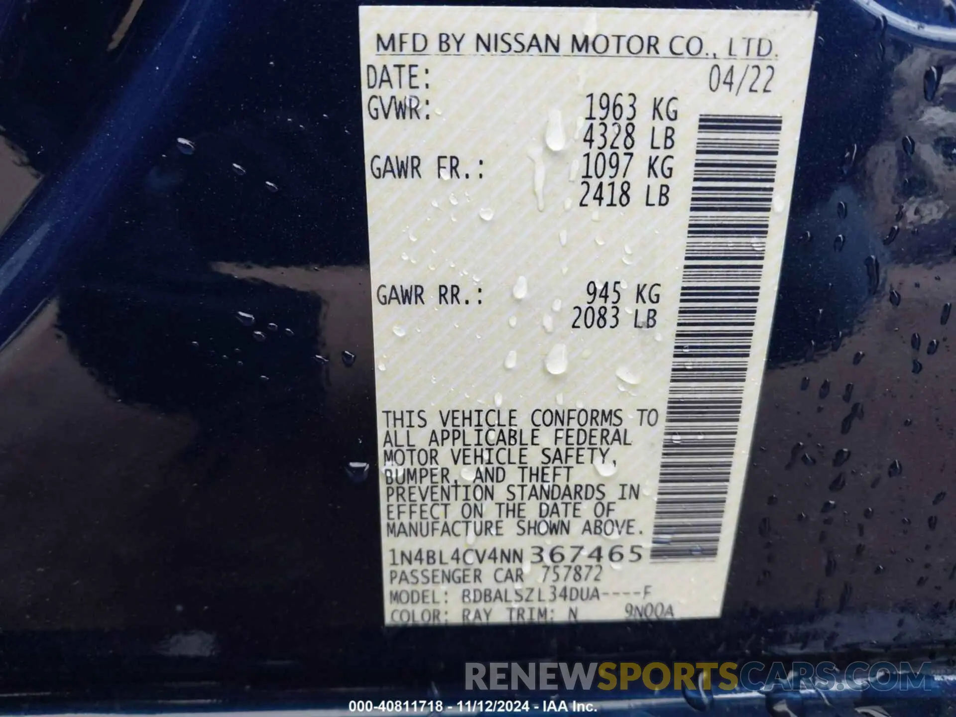 9 Photograph of a damaged car 1N4BL4CV4NN367465 NISSAN ALTIMA 2022