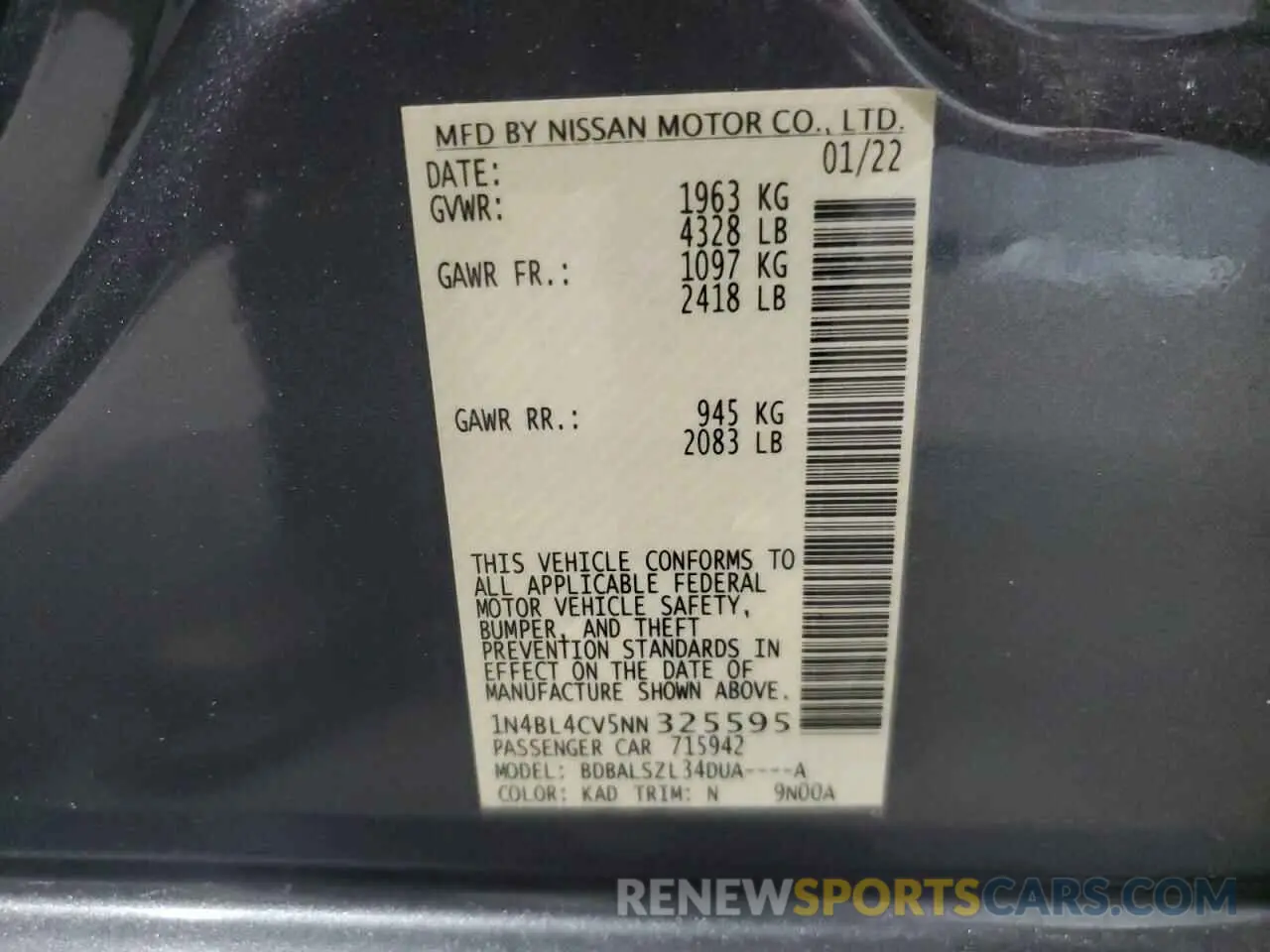 14 Photograph of a damaged car 1N4BL4CV5NN325595 NISSAN ALTIMA 2022
