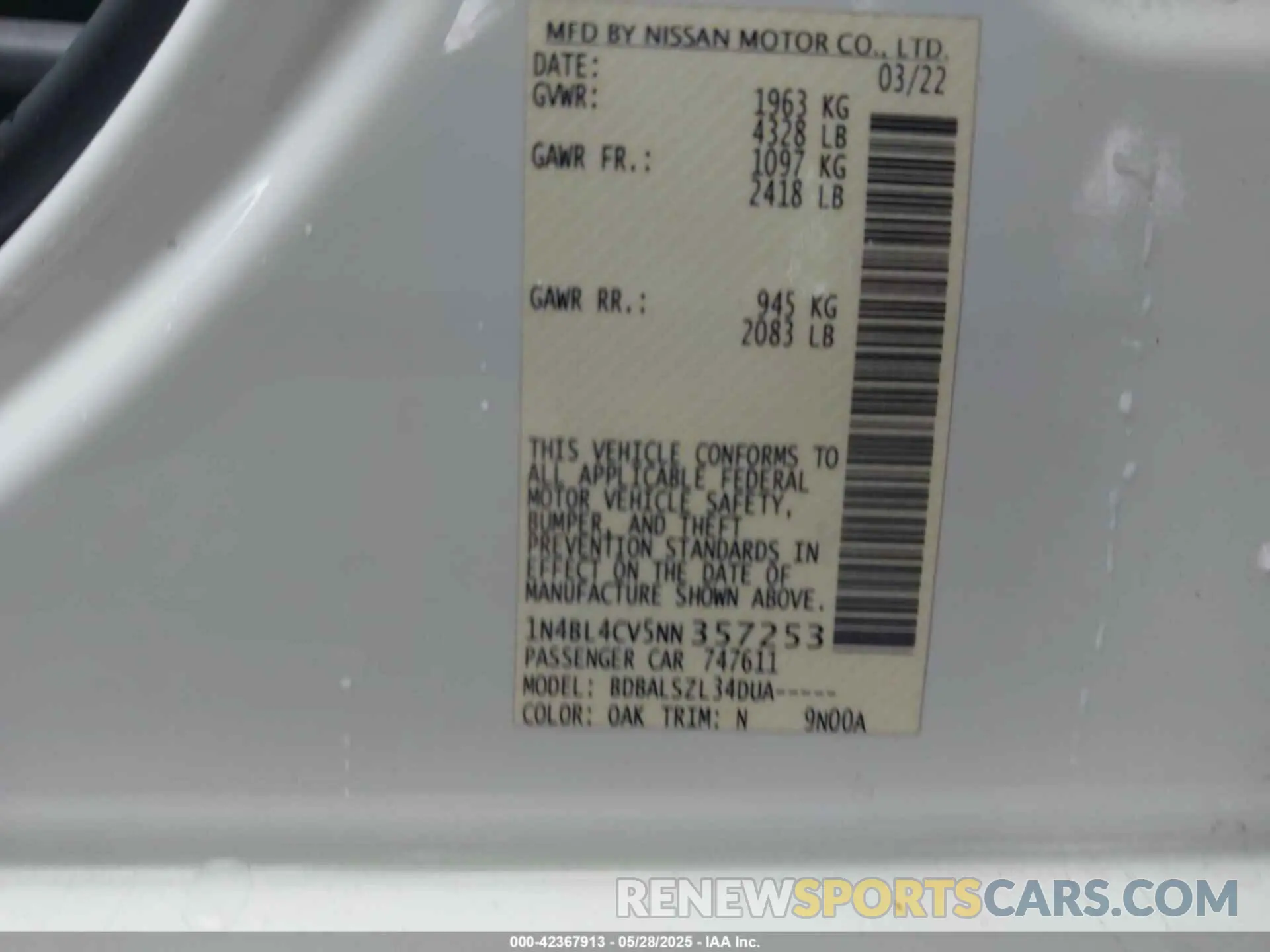 9 Photograph of a damaged car 1N4BL4CV5NN357253 NISSAN ALTIMA 2022