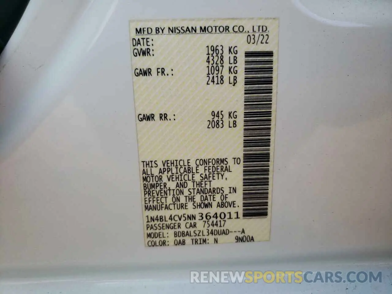 13 Photograph of a damaged car 1N4BL4CV5NN364011 NISSAN ALTIMA 2022