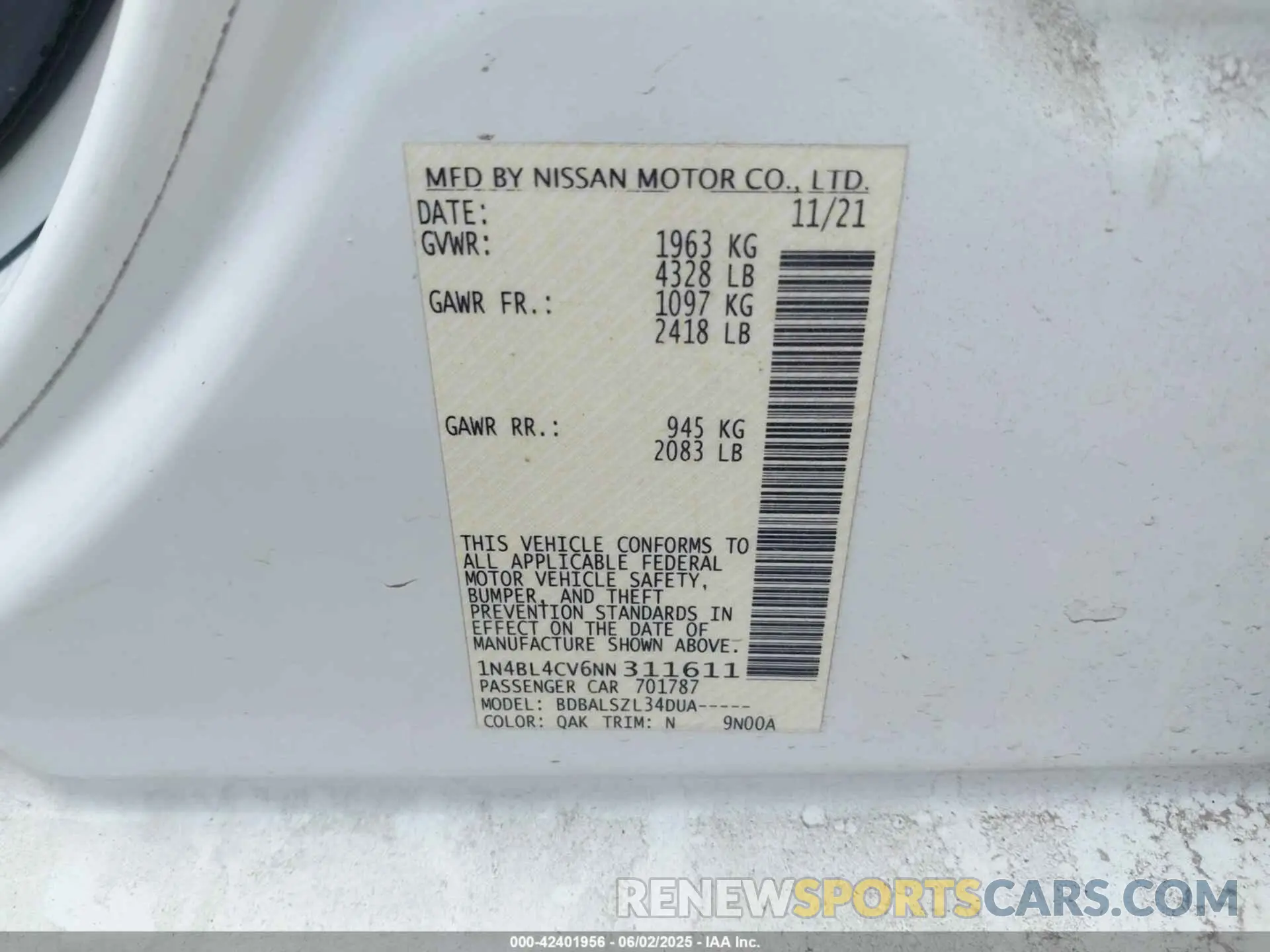 9 Photograph of a damaged car 1N4BL4CV6NN311611 NISSAN ALTIMA 2022