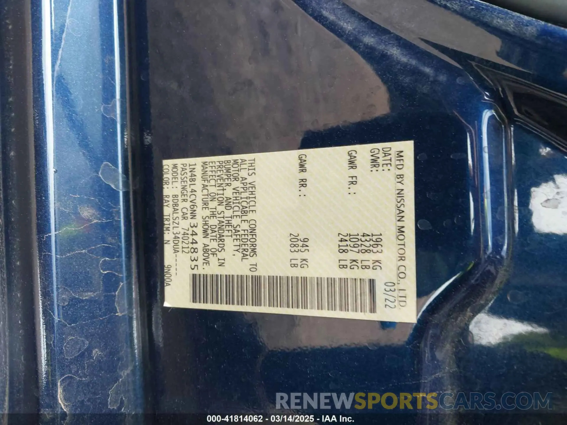 9 Photograph of a damaged car 1N4BL4CV6NN344835 NISSAN ALTIMA 2022