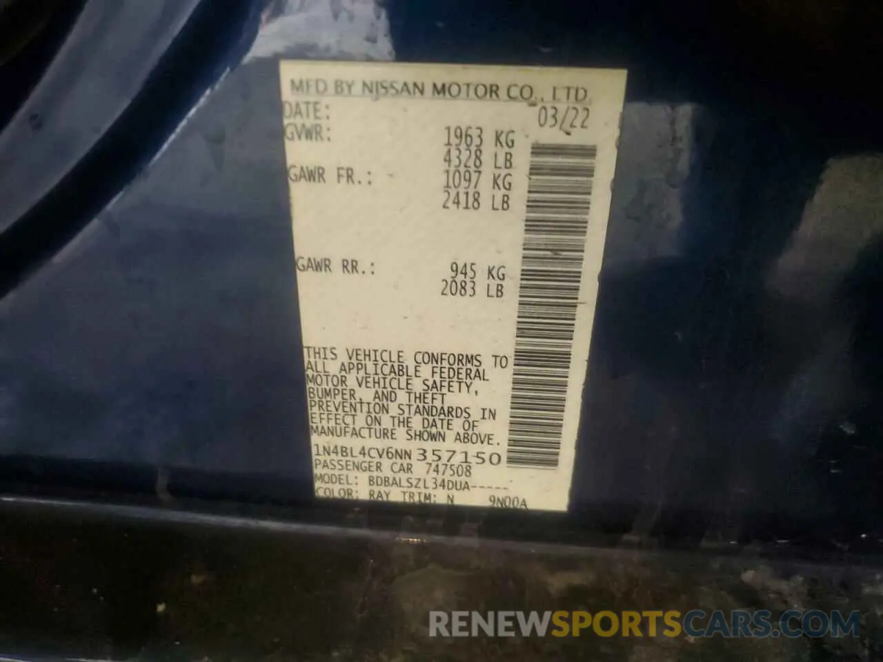 12 Photograph of a damaged car 1N4BL4CV6NN357150 NISSAN ALTIMA 2022