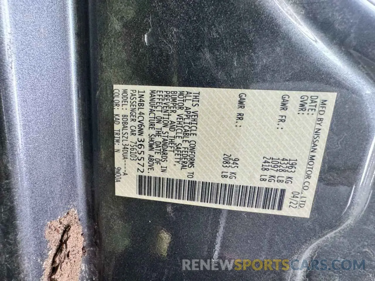 10 Photograph of a damaged car 1N4BL4CV6NN365572 NISSAN ALTIMA 2022