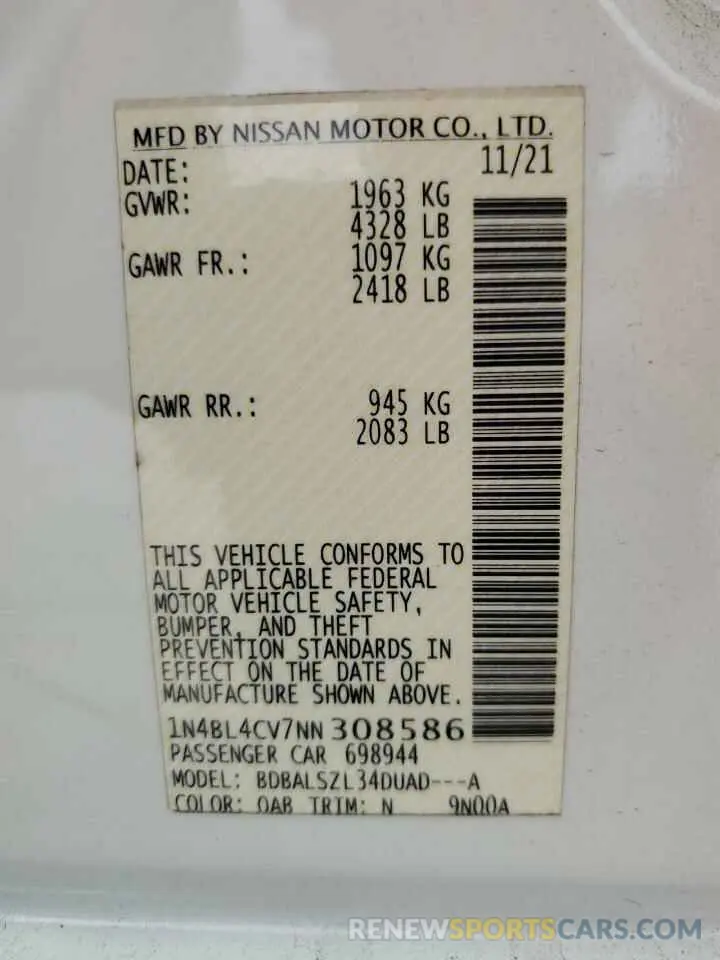 12 Photograph of a damaged car 1N4BL4CV7NN308586 NISSAN ALTIMA 2022