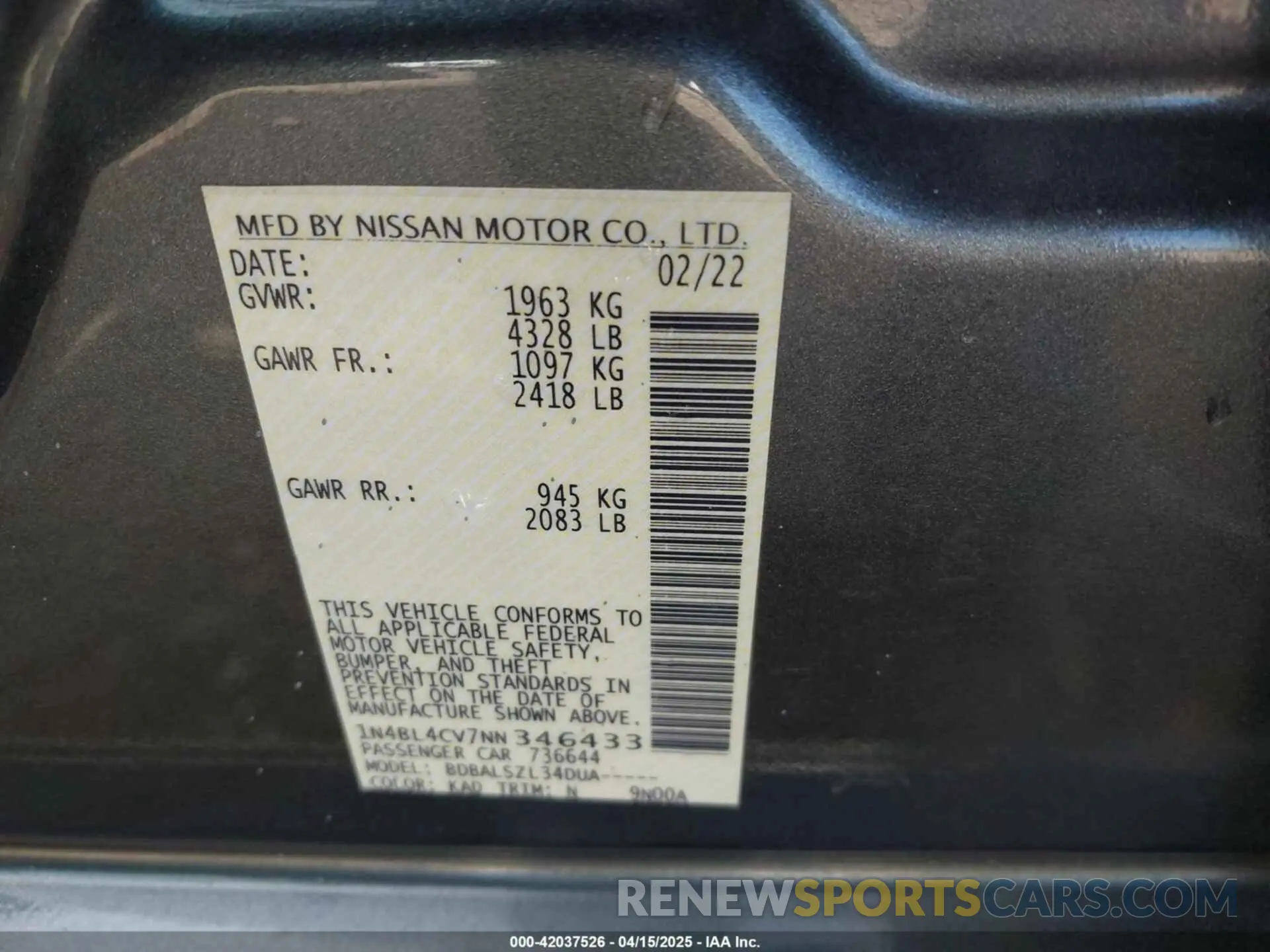 9 Photograph of a damaged car 1N4BL4CV7NN346433 NISSAN ALTIMA 2022
