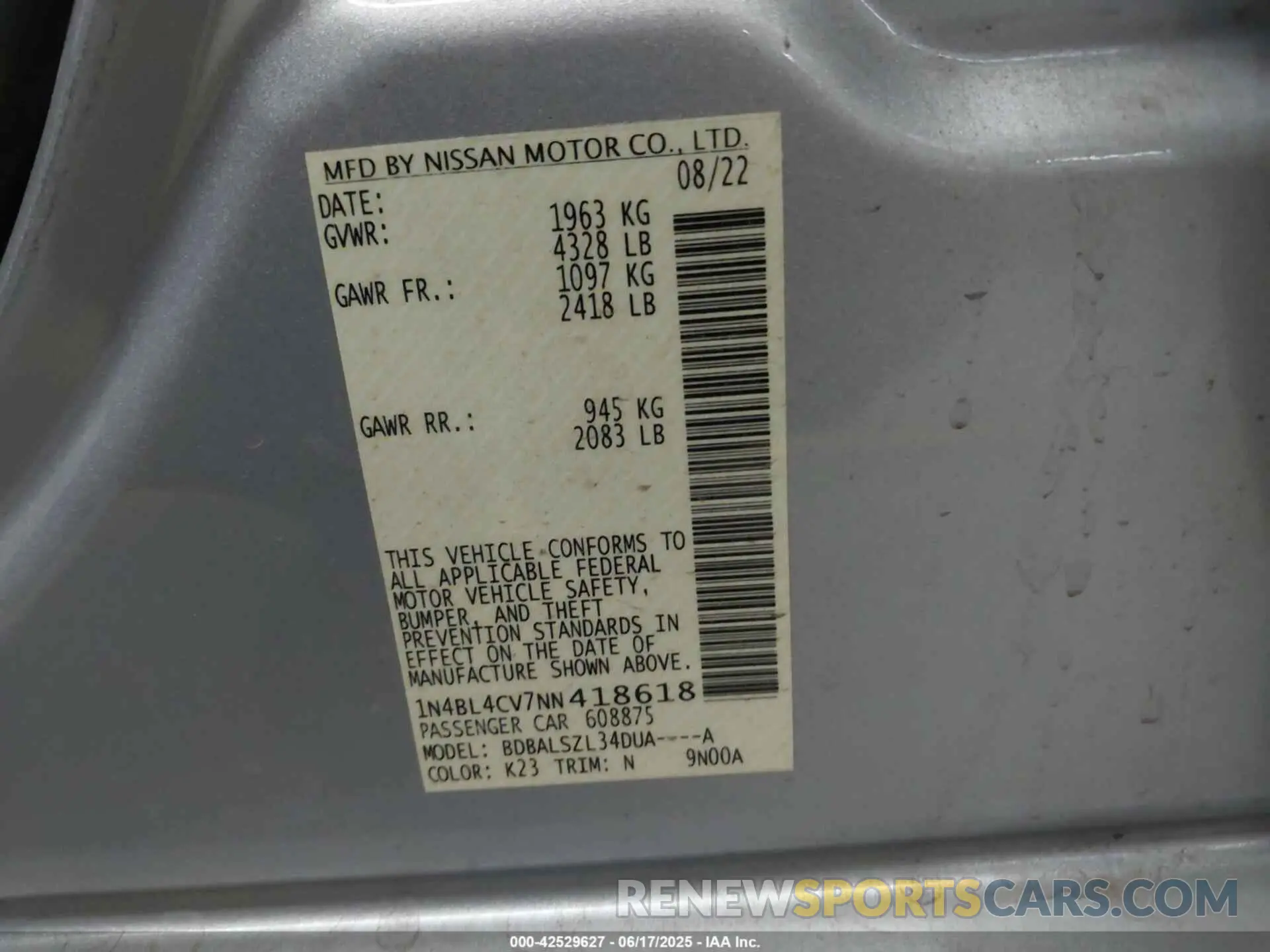 9 Photograph of a damaged car 1N4BL4CV7NN418618 NISSAN ALTIMA 2022