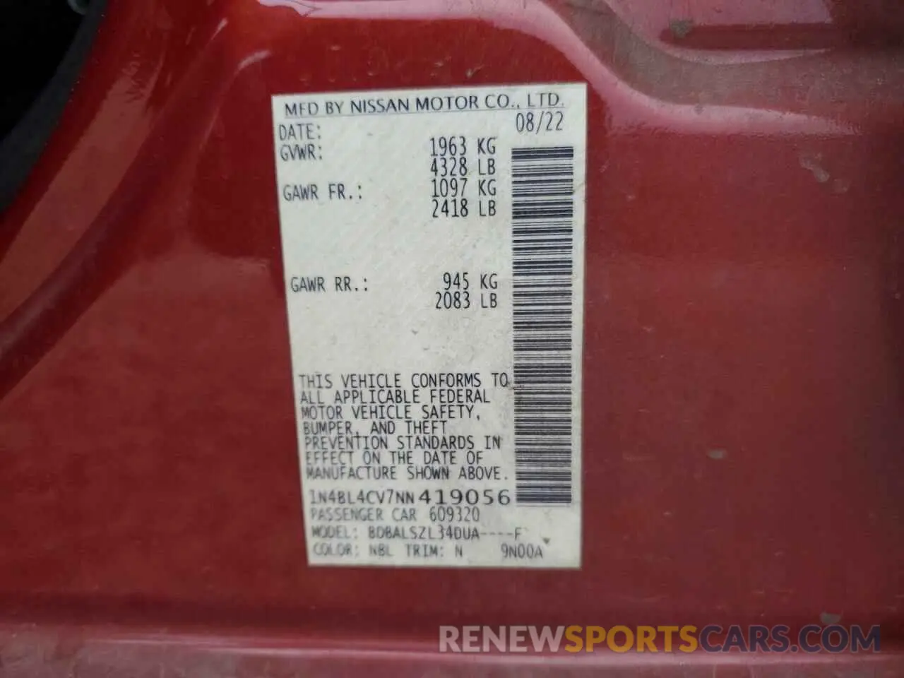 12 Photograph of a damaged car 1N4BL4CV7NN419056 NISSAN ALTIMA 2022