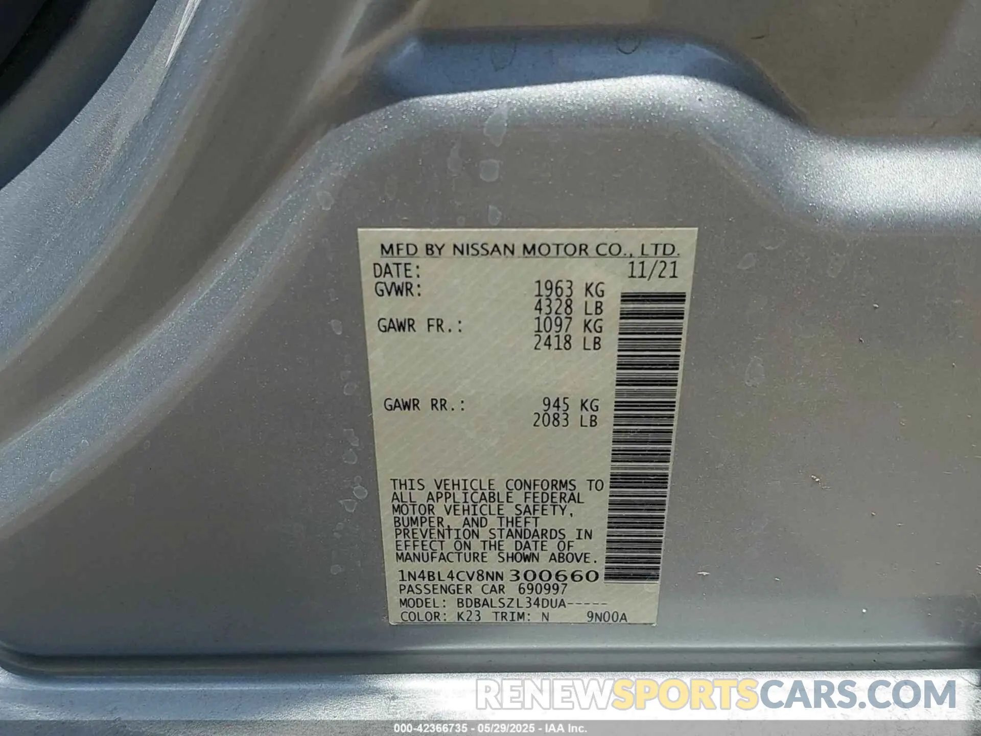 9 Photograph of a damaged car 1N4BL4CV8NN300660 NISSAN ALTIMA 2022