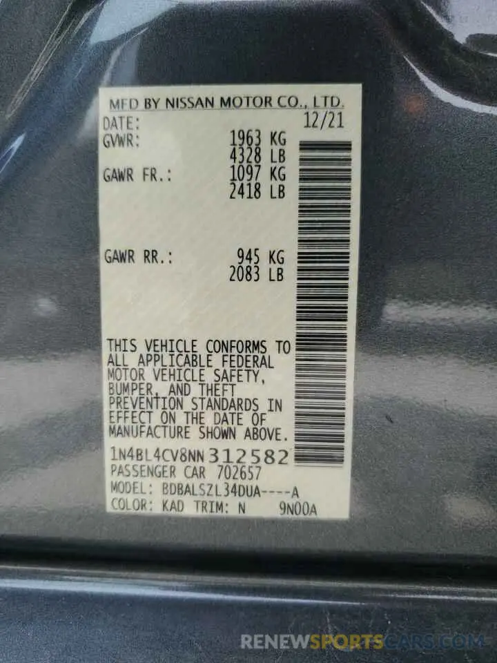 13 Photograph of a damaged car 1N4BL4CV8NN312582 NISSAN ALTIMA 2022