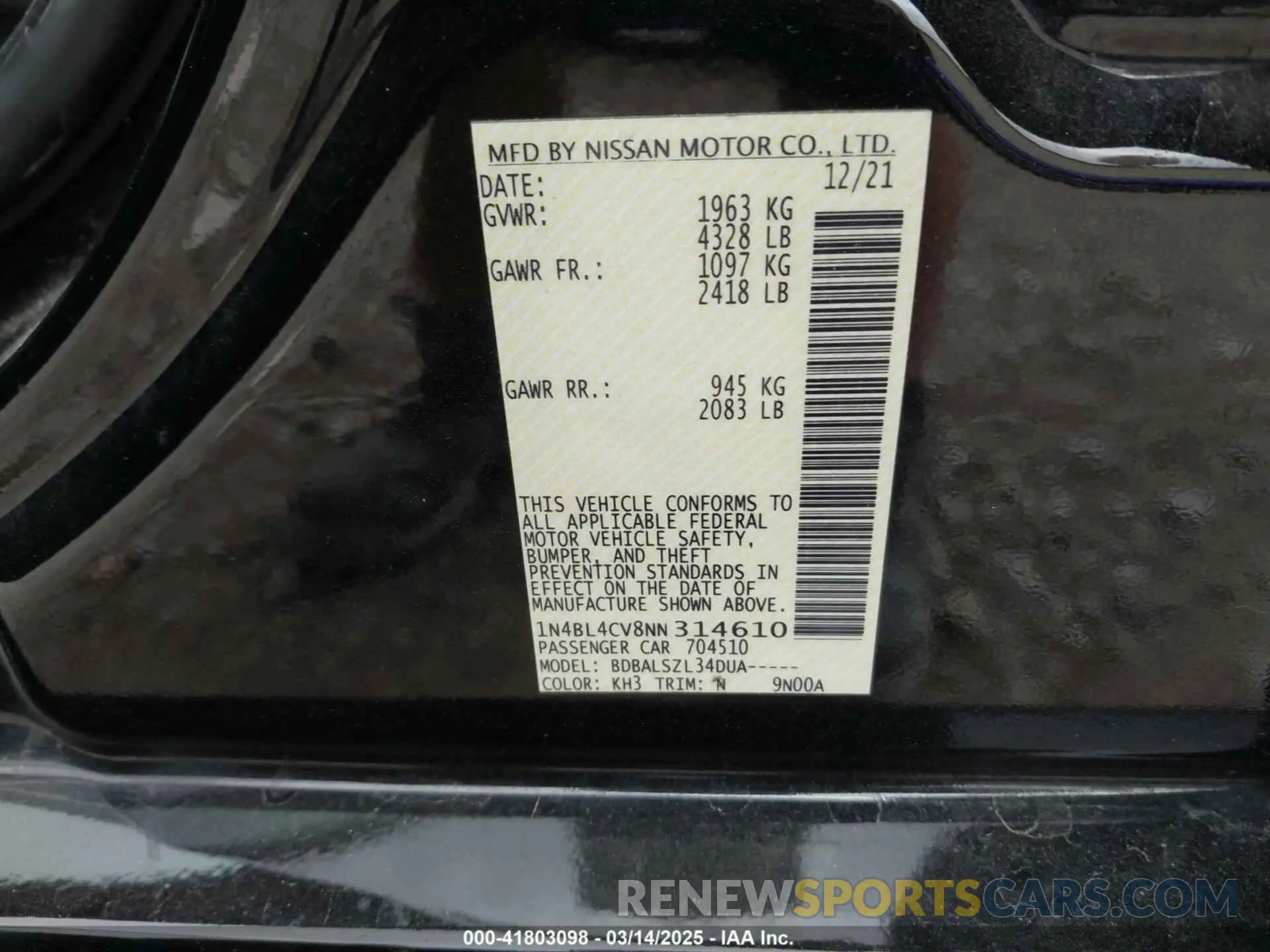9 Photograph of a damaged car 1N4BL4CV8NN314610 NISSAN ALTIMA 2022