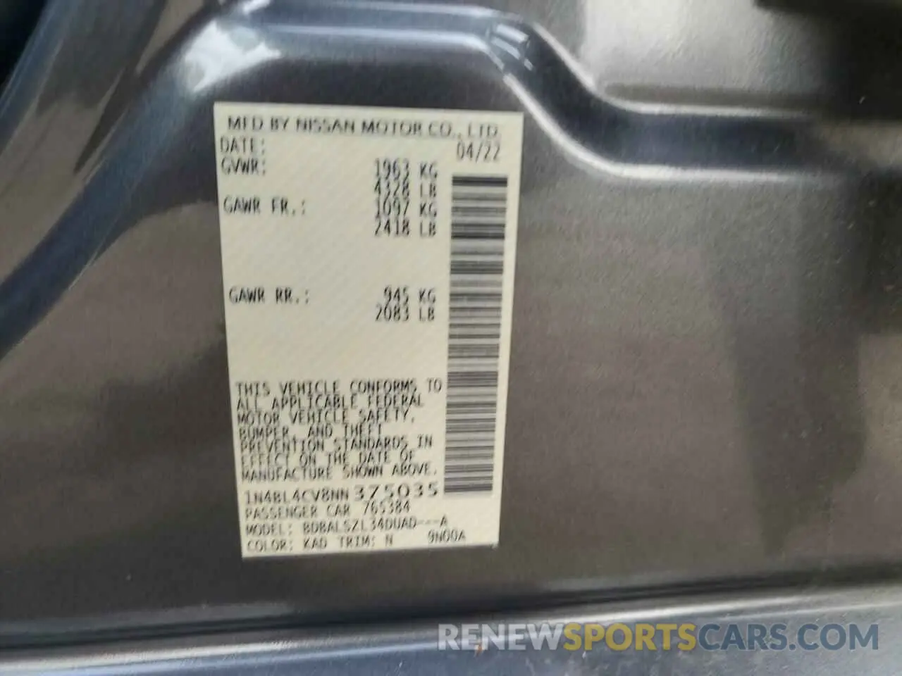 14 Photograph of a damaged car 1N4BL4CV8NN375035 NISSAN ALTIMA 2022