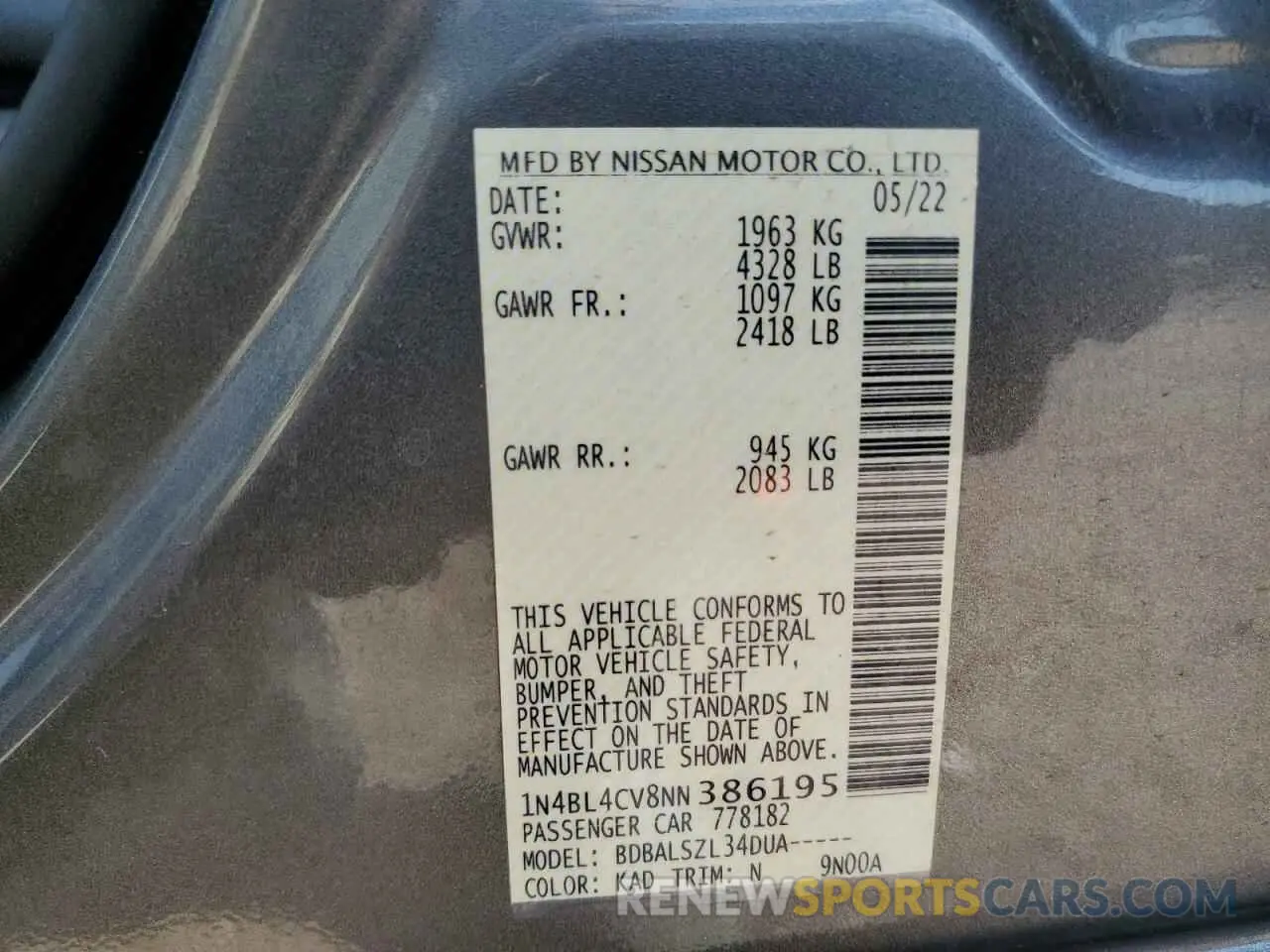13 Photograph of a damaged car 1N4BL4CV8NN386195 NISSAN ALTIMA 2022