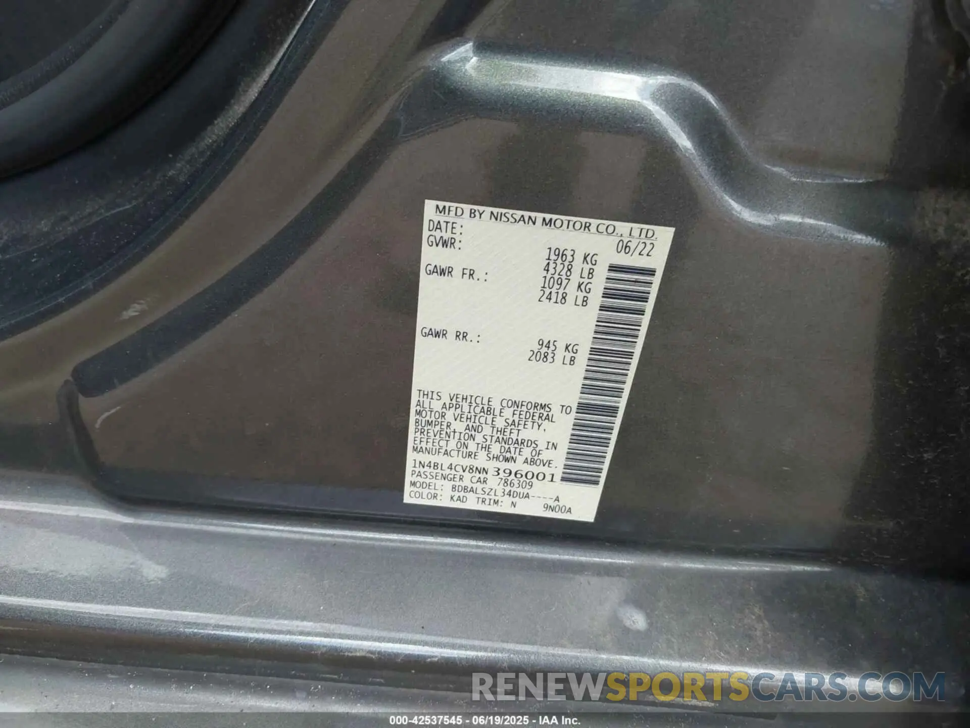 9 Photograph of a damaged car 1N4BL4CV8NN396001 NISSAN ALTIMA 2022