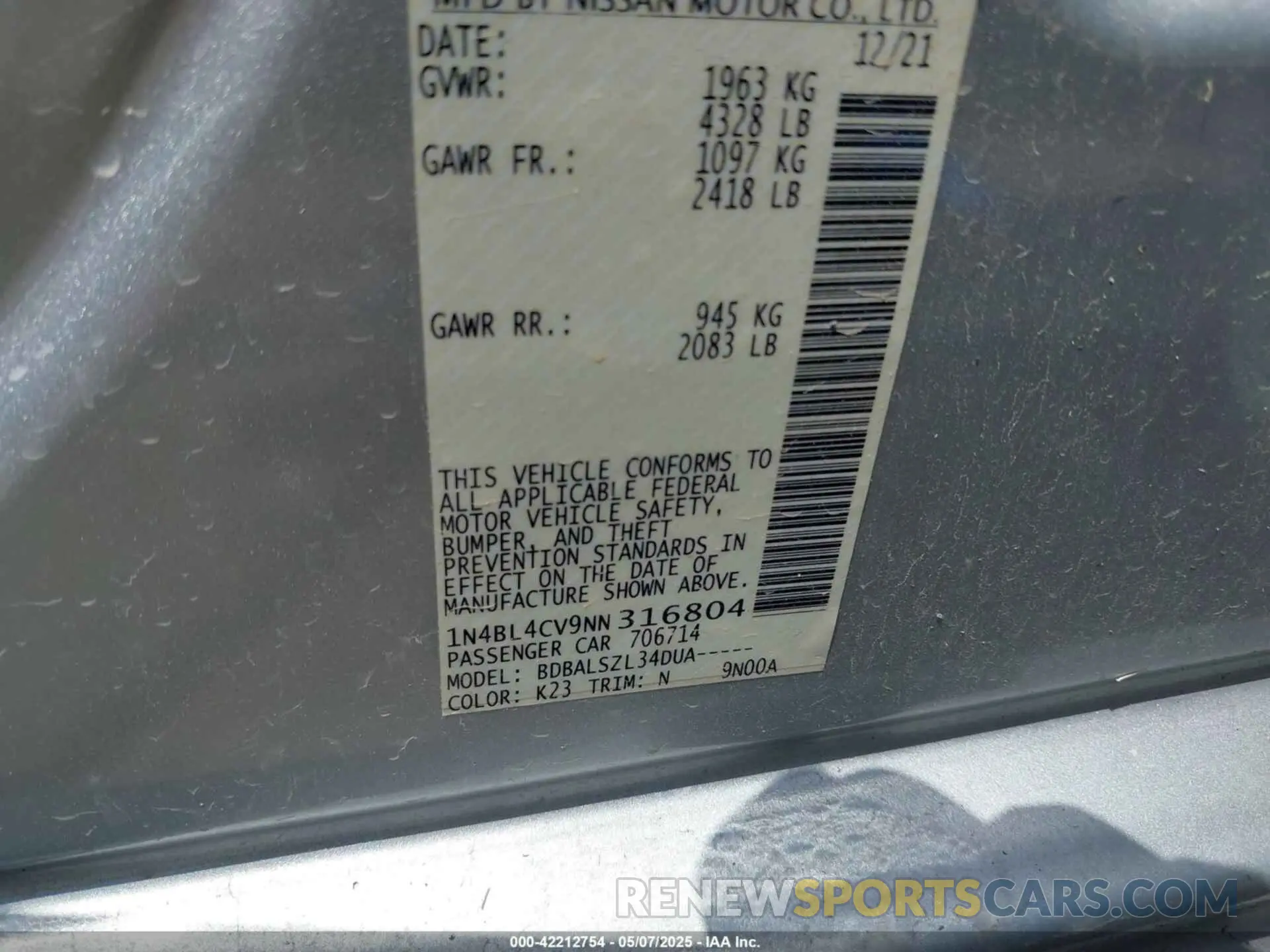 9 Photograph of a damaged car 1N4BL4CV9NN316804 NISSAN ALTIMA 2022