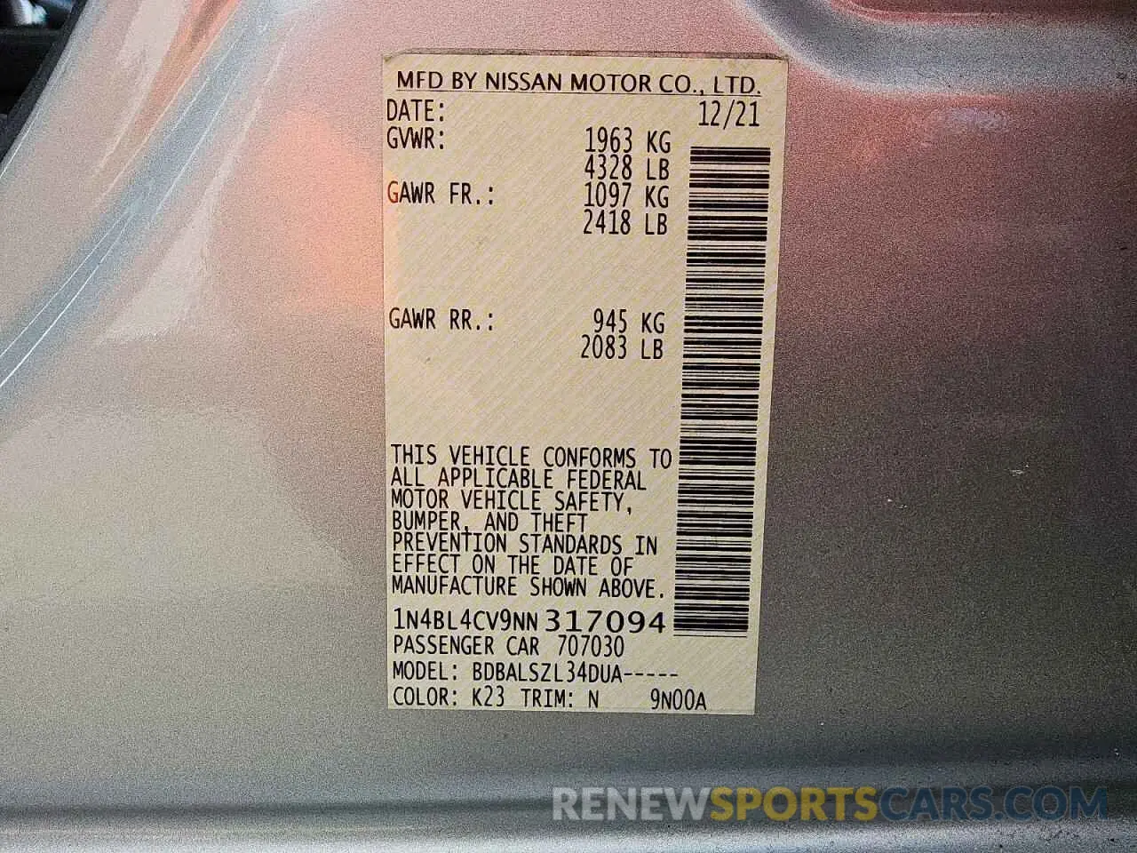 12 Photograph of a damaged car 1N4BL4CV9NN317094 NISSAN ALTIMA 2022