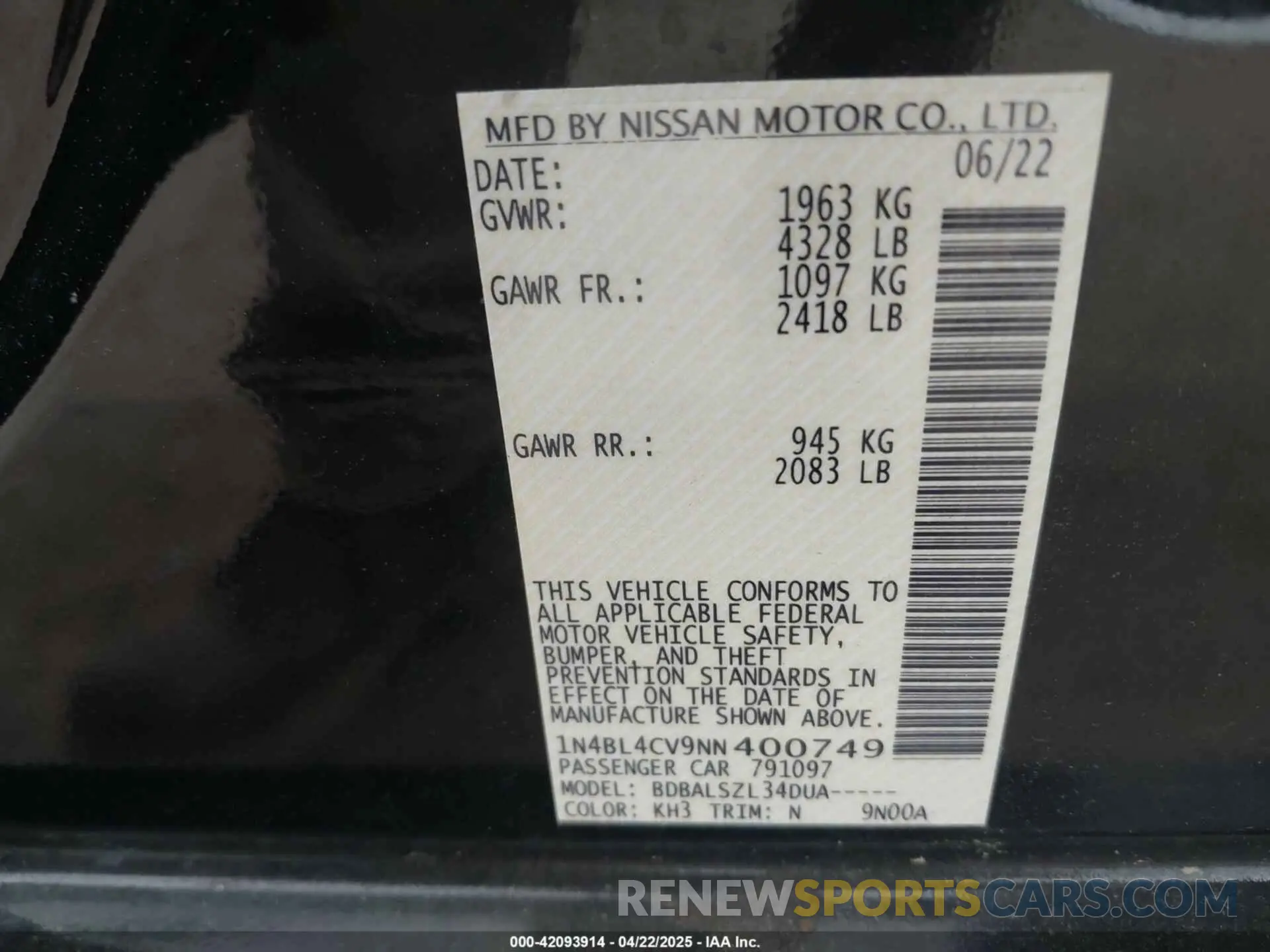 9 Photograph of a damaged car 1N4BL4CV9NN400749 NISSAN ALTIMA 2022