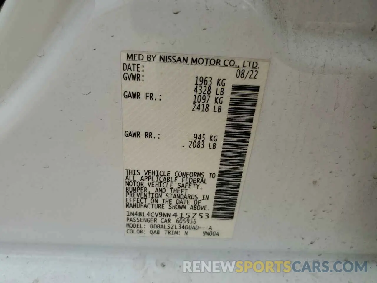 14 Photograph of a damaged car 1N4BL4CV9NN415753 NISSAN ALTIMA 2022