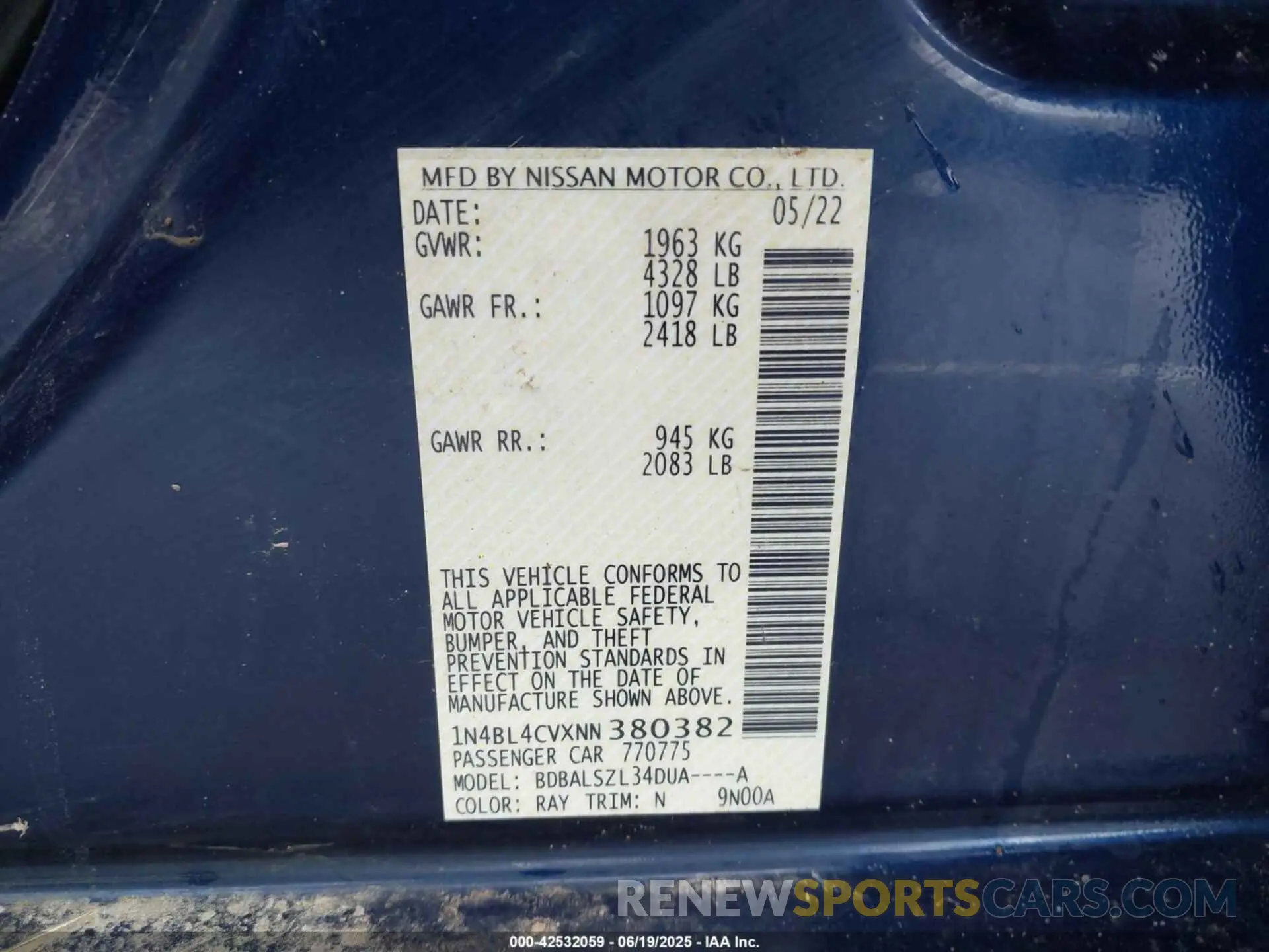 9 Photograph of a damaged car 1N4BL4CVXNN380382 NISSAN ALTIMA 2022