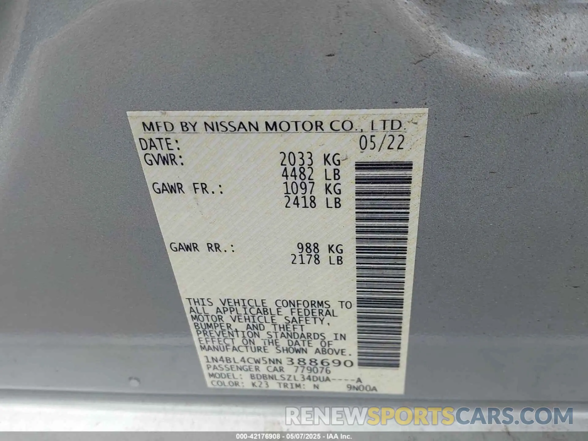 9 Photograph of a damaged car 1N4BL4CW5NN388690 NISSAN ALTIMA 2022