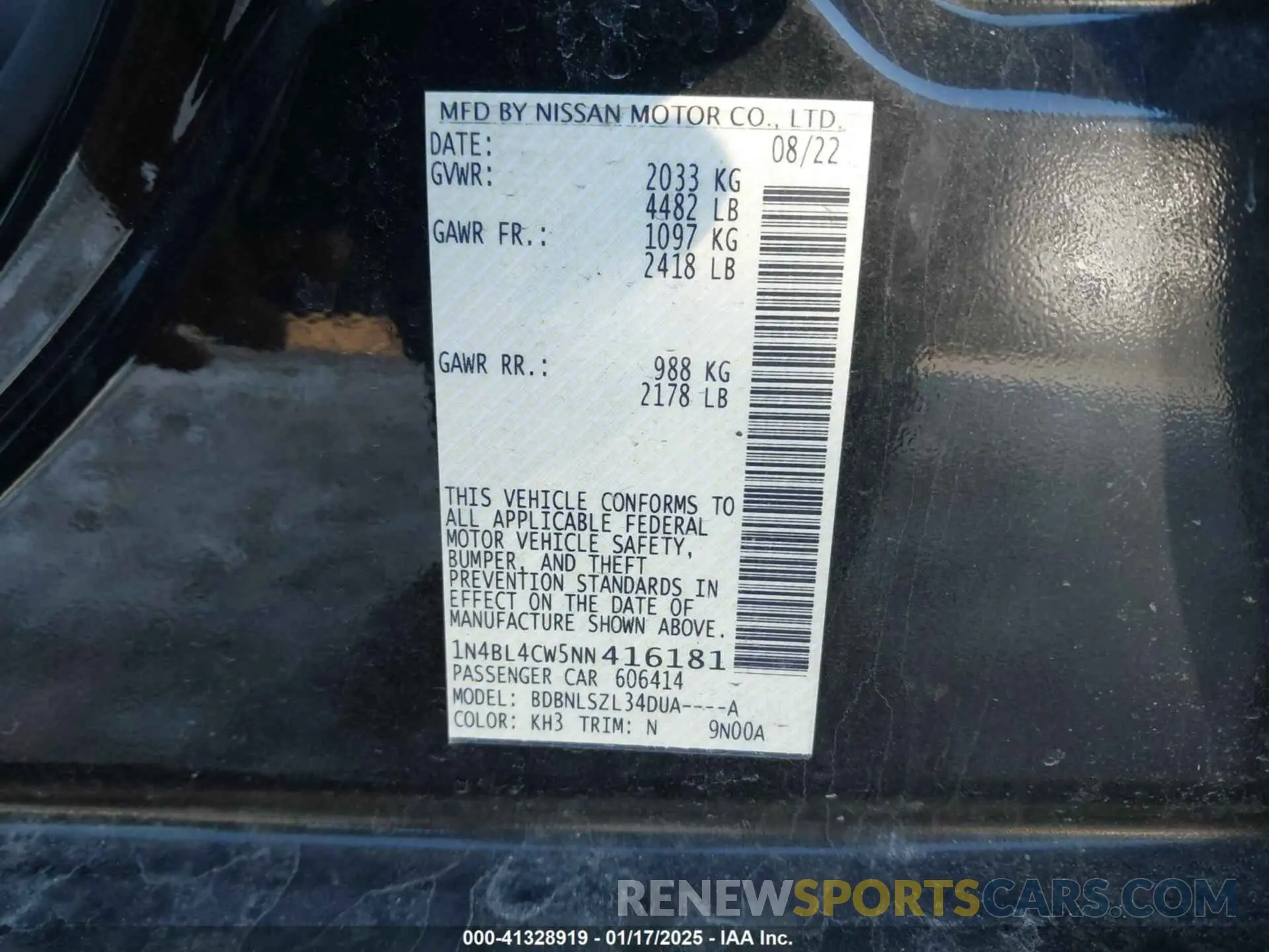 9 Photograph of a damaged car 1N4BL4CW5NN416181 NISSAN ALTIMA 2022