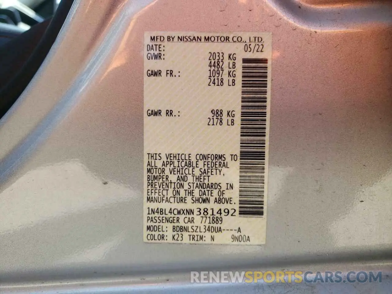 13 Photograph of a damaged car 1N4BL4CWXNN381492 NISSAN ALTIMA 2022