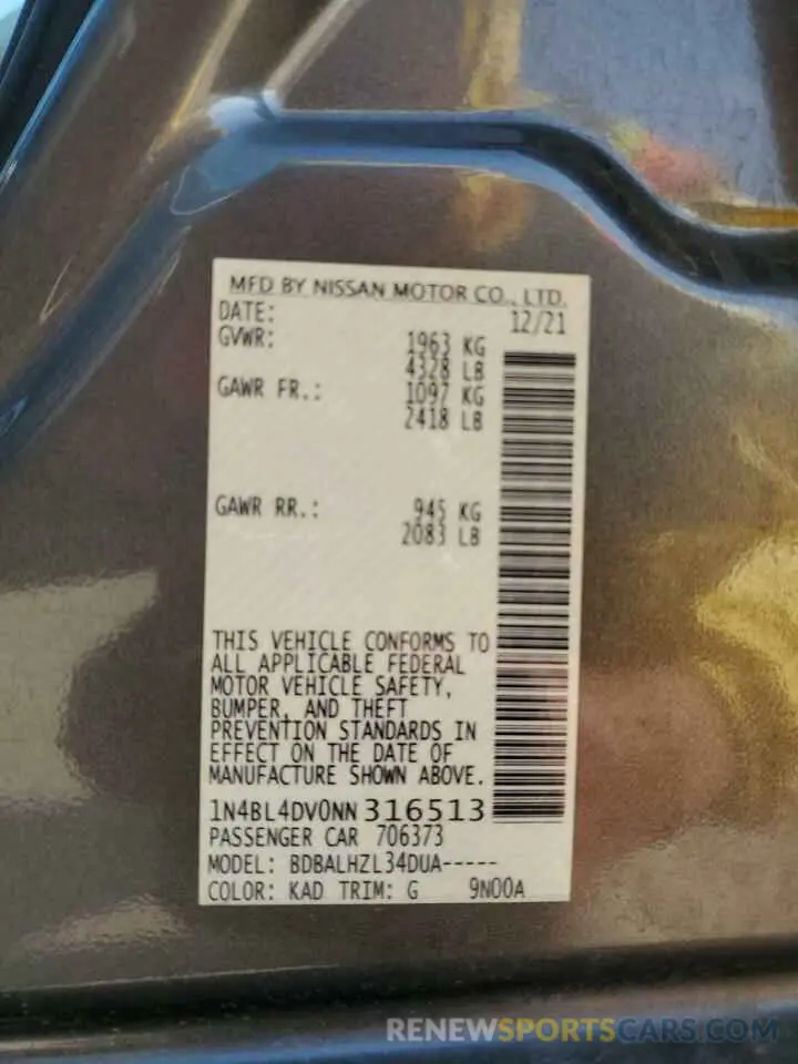 13 Photograph of a damaged car 1N4BL4DV0NN316513 NISSAN ALTIMA 2022