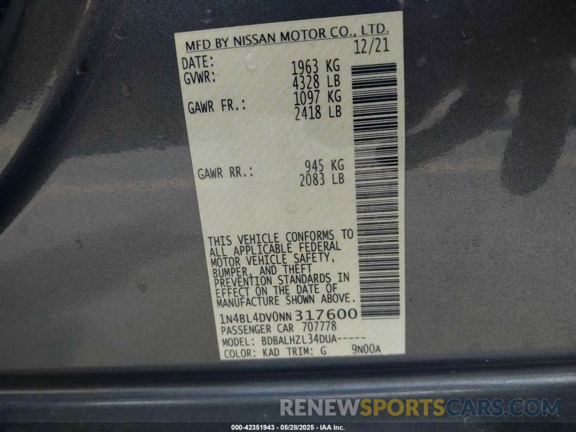 9 Photograph of a damaged car 1N4BL4DV0NN317600 NISSAN ALTIMA 2022