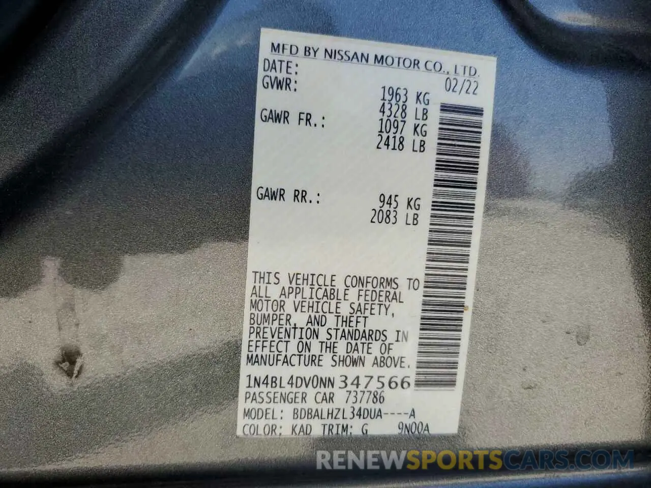 12 Photograph of a damaged car 1N4BL4DV0NN347566 NISSAN ALTIMA 2022
