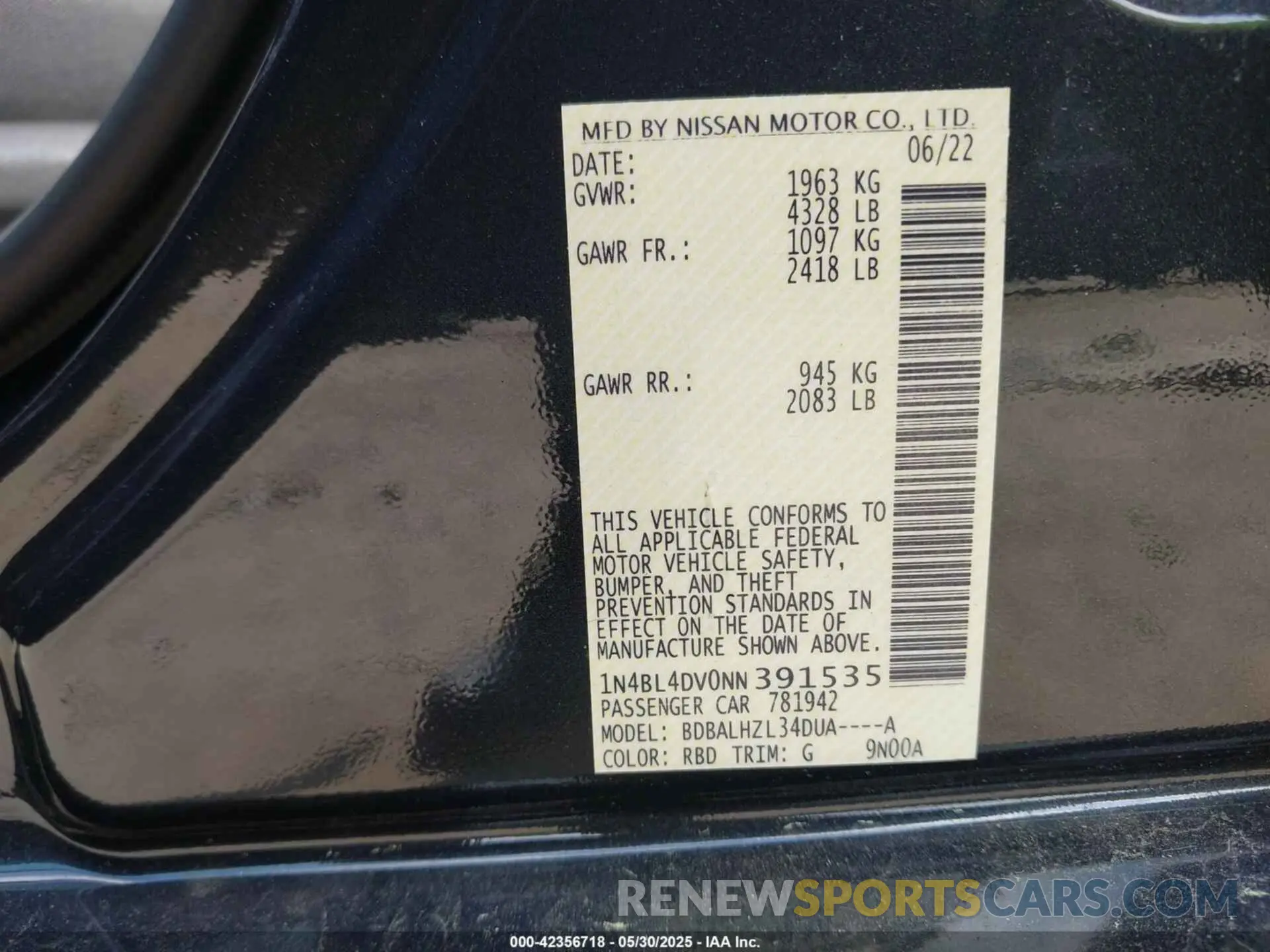 9 Photograph of a damaged car 1N4BL4DV0NN391535 NISSAN ALTIMA 2022