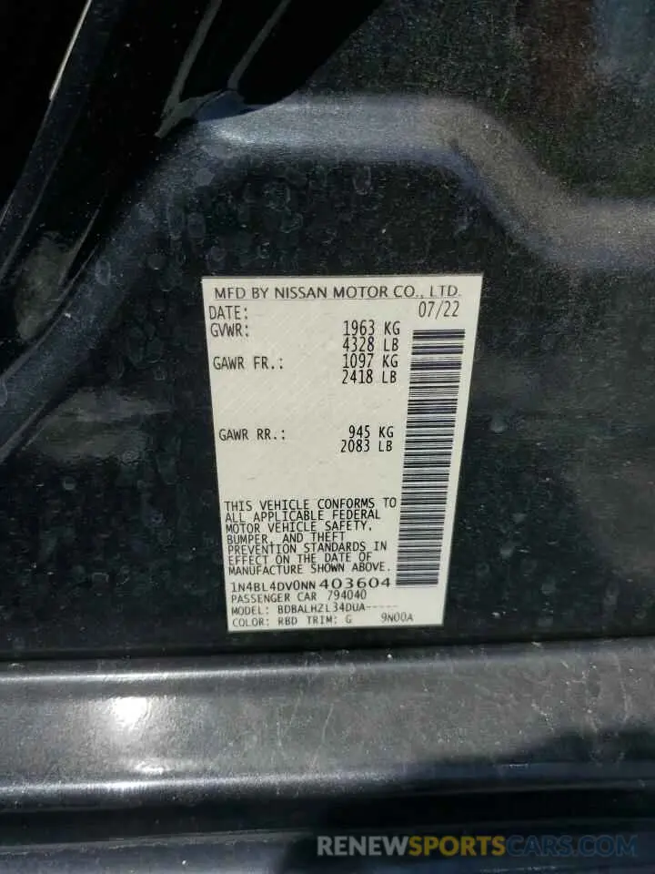 12 Photograph of a damaged car 1N4BL4DV0NN403604 NISSAN ALTIMA 2022