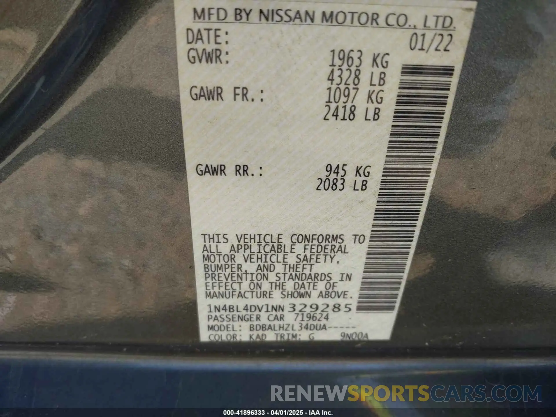 9 Photograph of a damaged car 1N4BL4DV1NN329285 NISSAN ALTIMA 2022