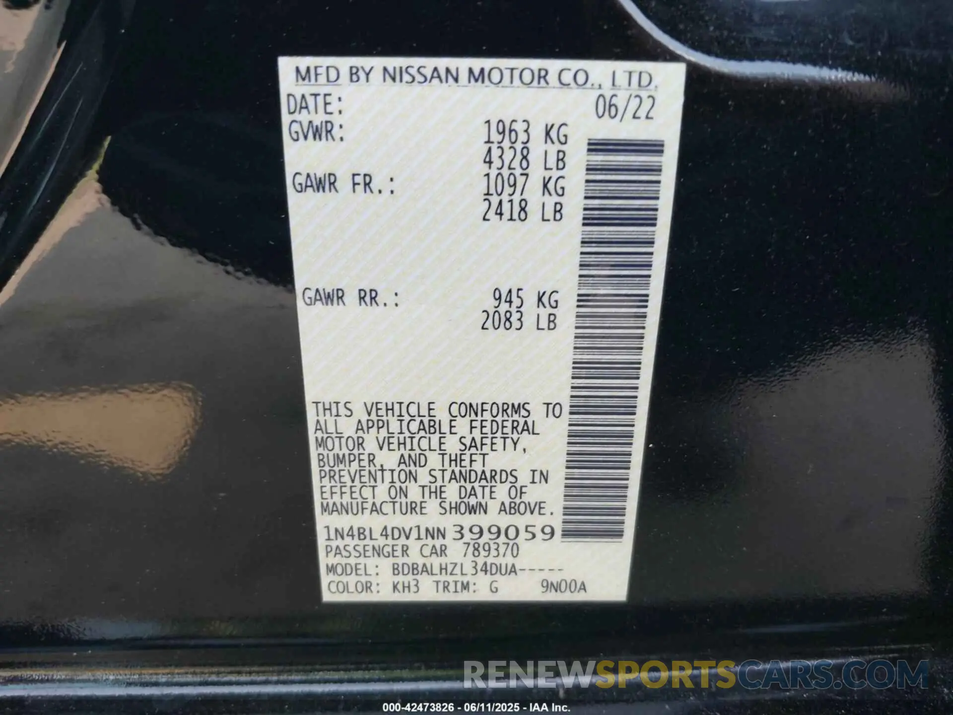 9 Photograph of a damaged car 1N4BL4DV1NN399059 NISSAN ALTIMA 2022